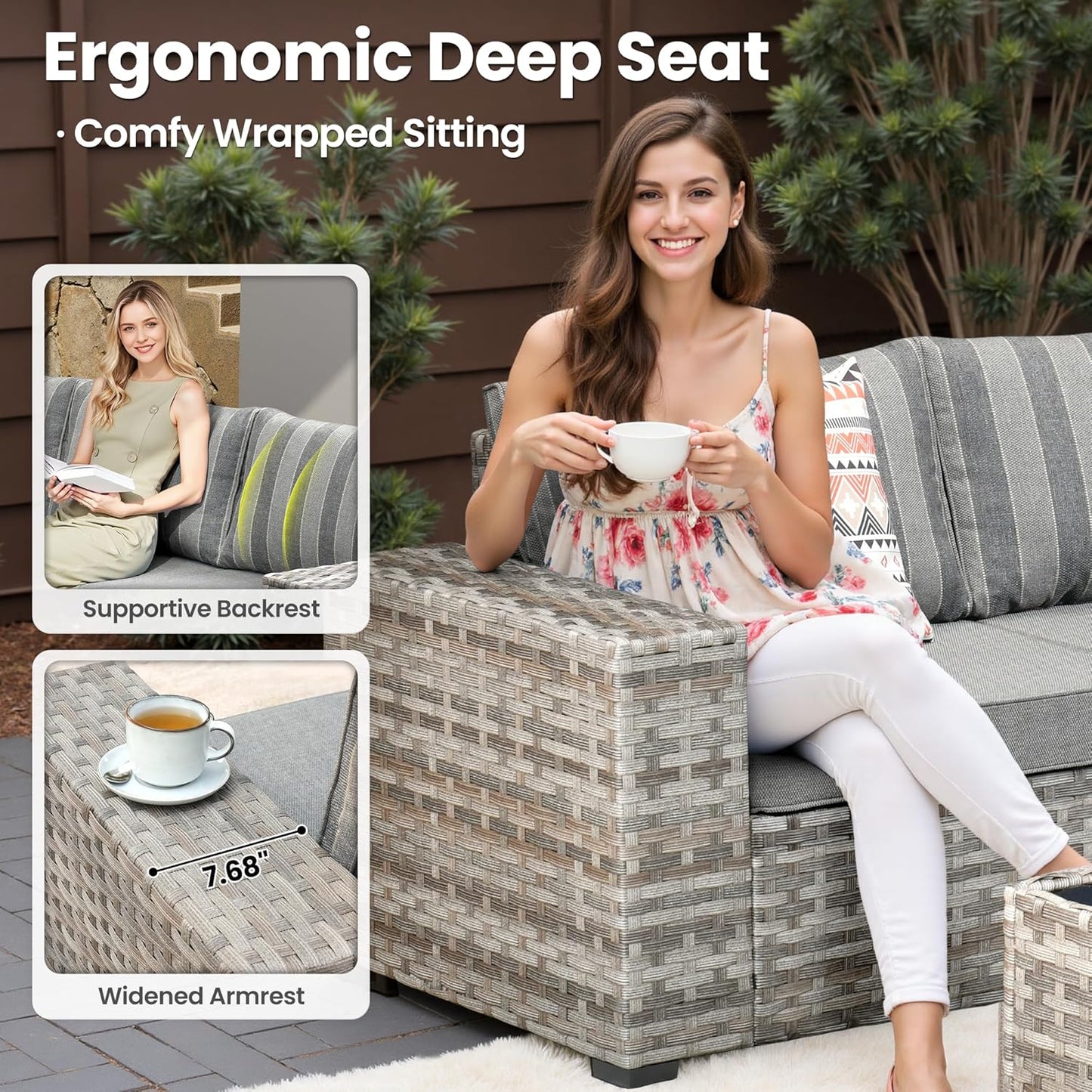 ovios 6 Pieces Patio Furniture Set, Outdoor Wicker Sectional Sofa with Glass Table Comfy Cushions, Modern Modular Deep Seat Couch Rattan Conversation Set, Dark Gray Stripe