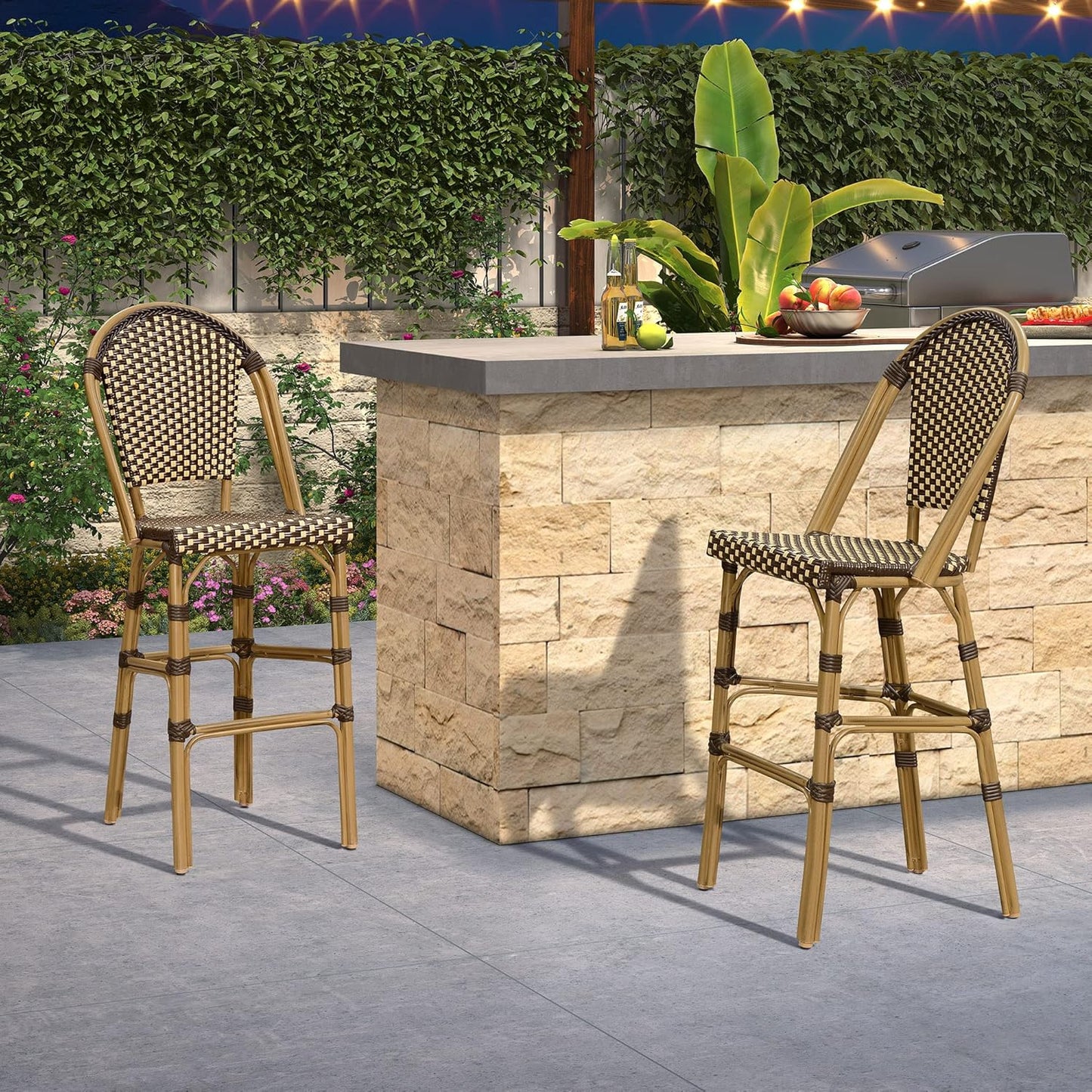 PURPLE LEAF French Bar Stool Set of 2 Bamboo Print Finish Patio Bar Stools with Back Rattan Chairs Wicker Bar Height Stool 30" with Footrest Kitchen Island Stools Outdoor Barstool Brown