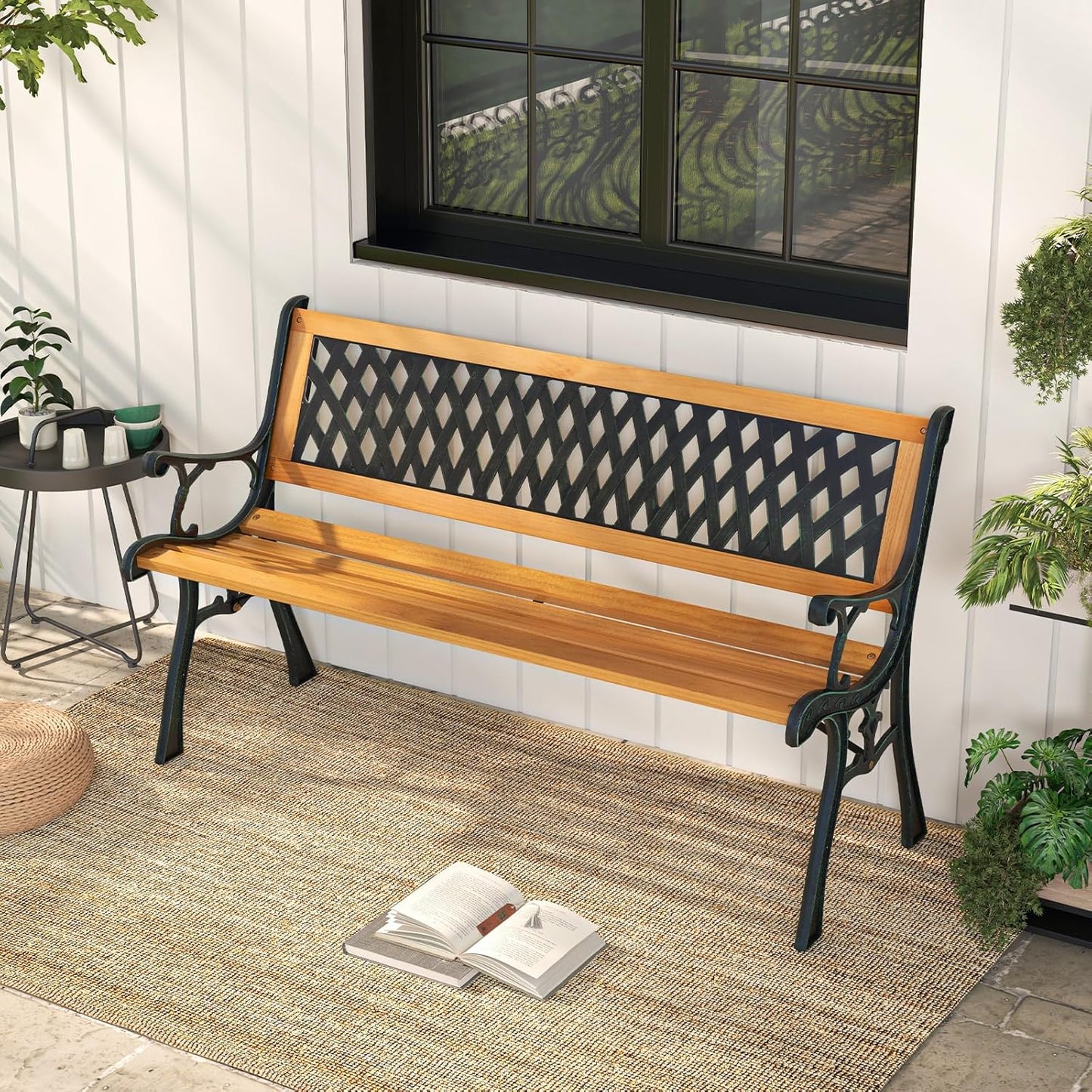 Giantex 49.5" 3-Person Outdoor Bench with Lattice Pattern Backrest, 470 Lbs Capacity, Slatted Seat, Curved Armrests, Cast Iron Metal Bench for Garden, Outside, Patio, Porch, Yard, Park