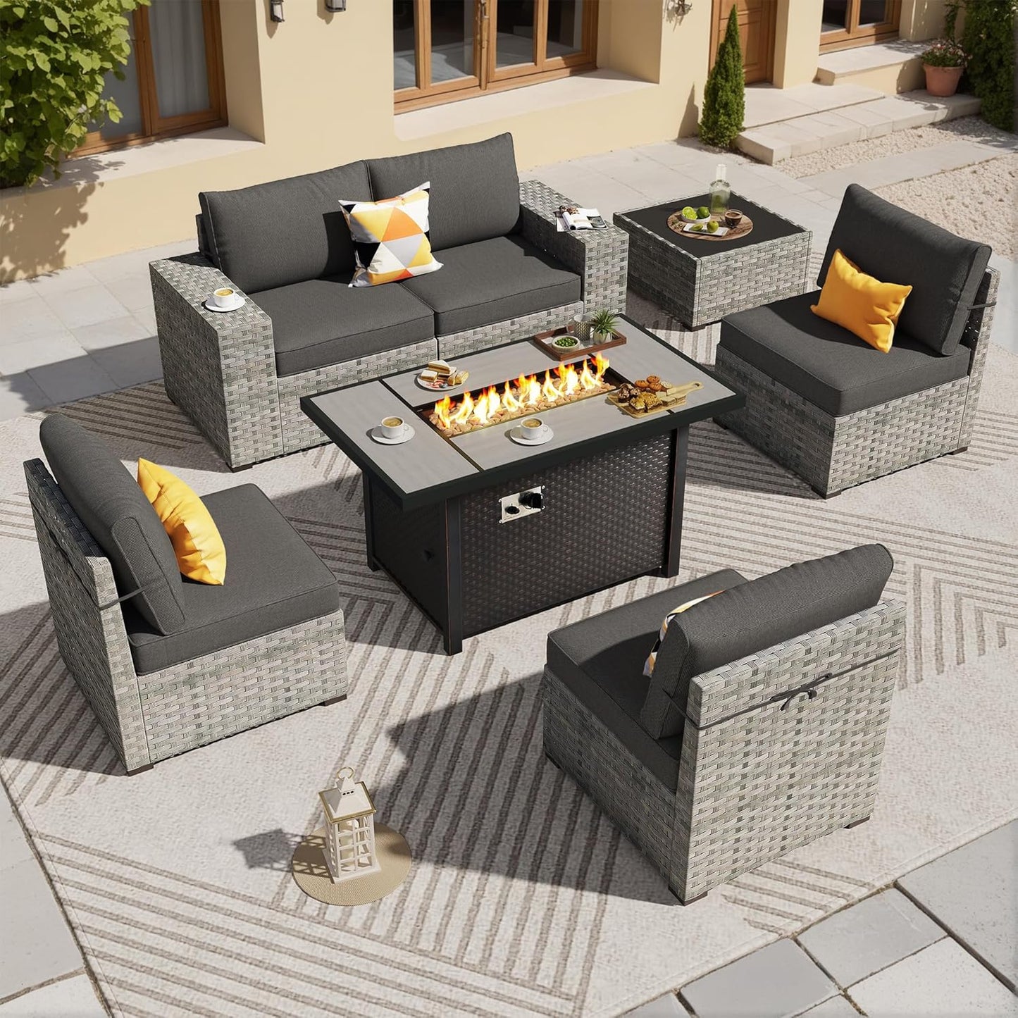 ovios 7 Pieces Patio Furniture Set, Outdoor Wicker Sectional Sofa with 42 Inch Fire Pit Table Comfy Cushions, Modern Modular Deep Seat Rattan Couch Conversation Set, Black