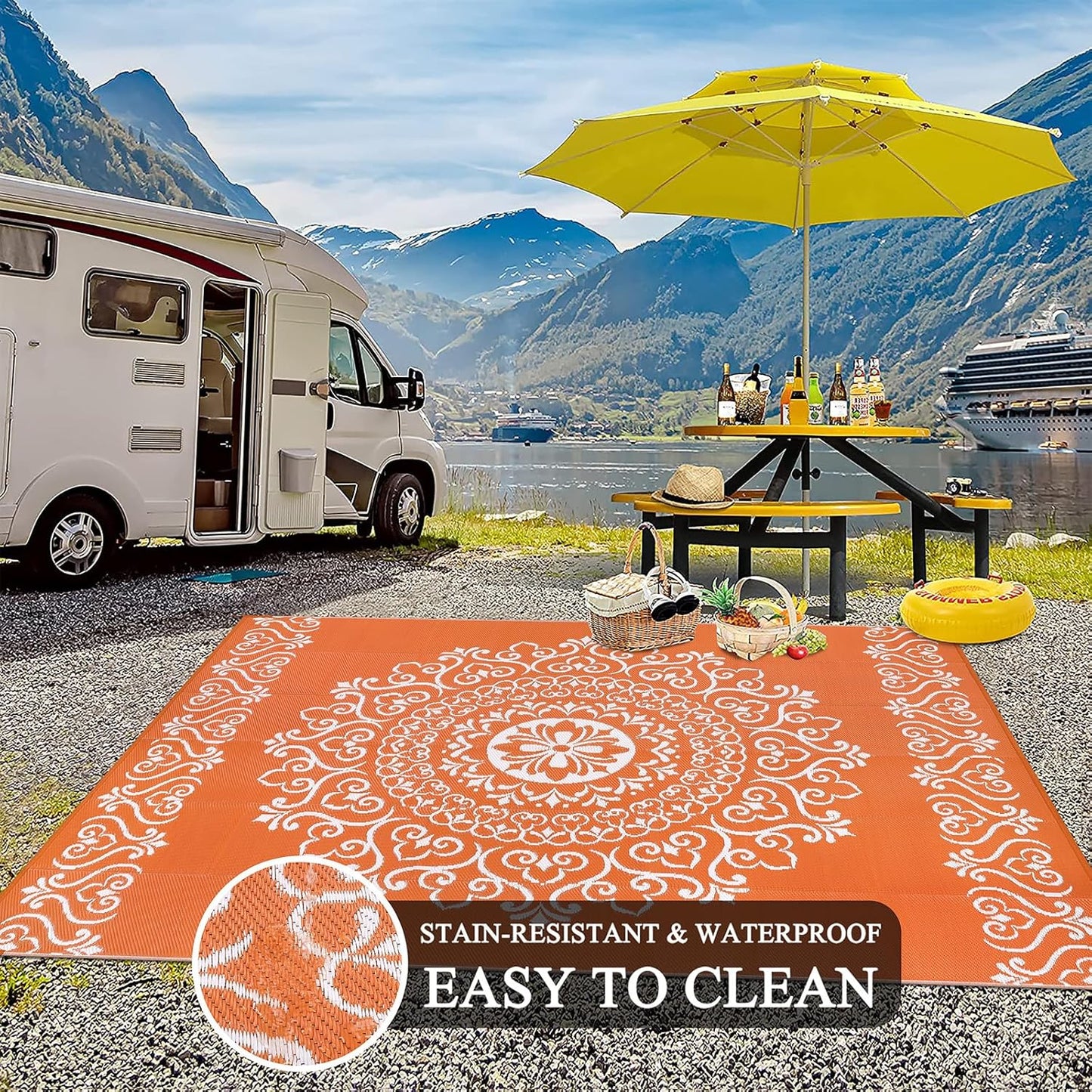 Pauwer Waterproof Outdoor Rug 6x9, Reversible Plastic Straw Patio Camping Rug, Indoor Outdoor RV Mat Carpet for Deck, Camper, Porch, Balcony, Backyard, Picnic, Floral Orange