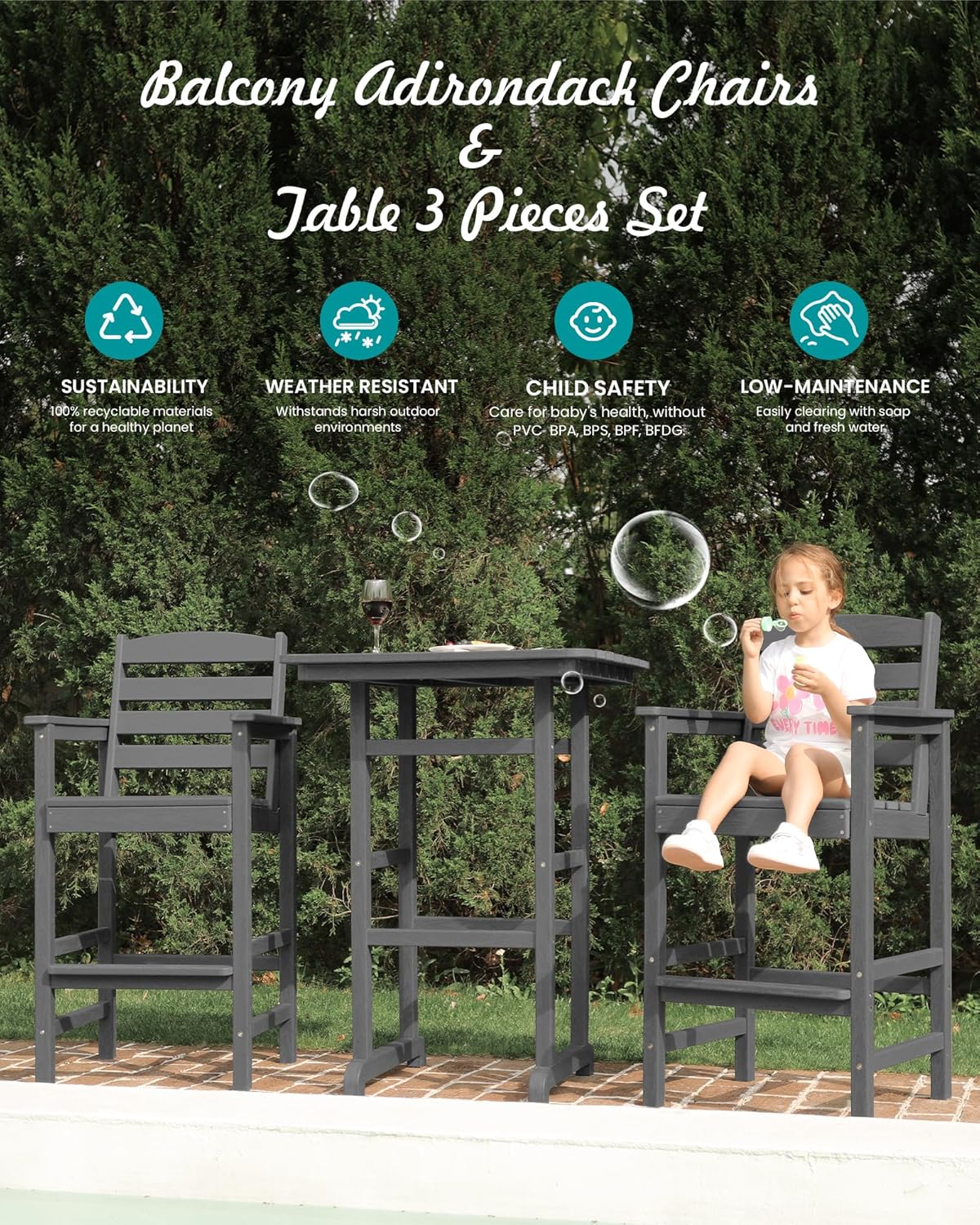 SERWALL Tall Adirondack Chairs Set of 2, Oversize Balcony Adirondack Chairs Set, Outdoor Bar Height Barstools Widened Chair Set for Bistro, Poolside, Garden, Gray