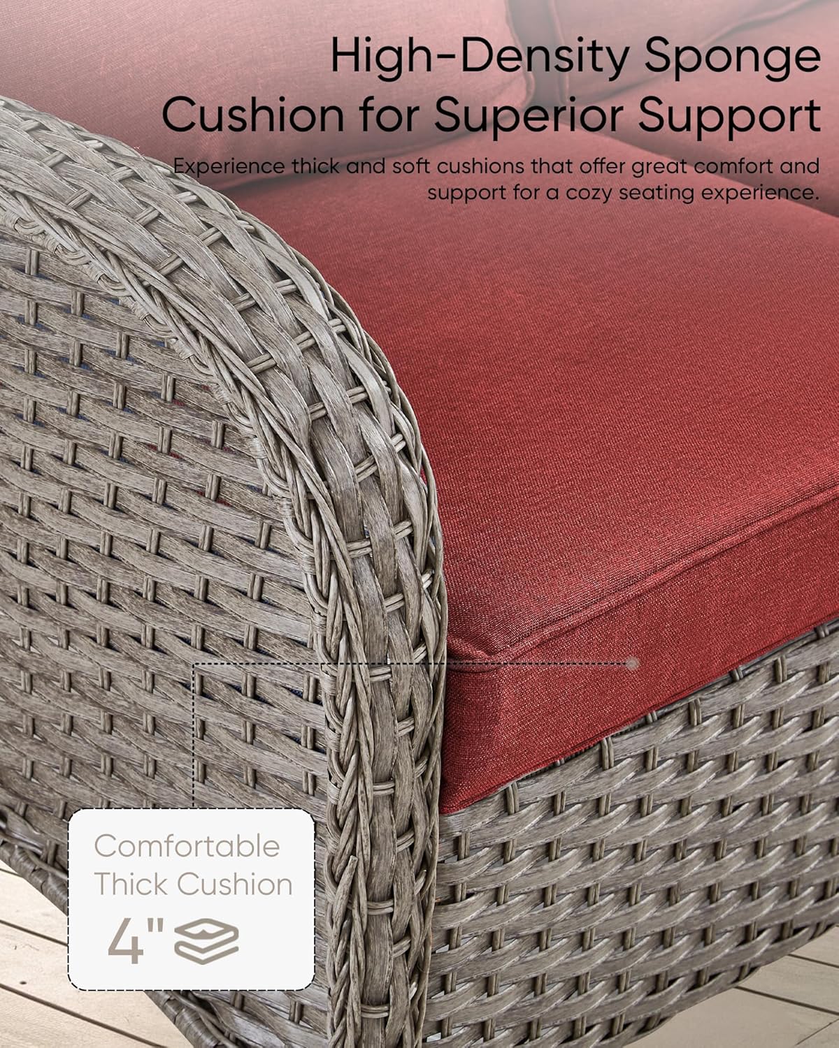 Patio Furniture-All Weather Wicker Patio Conversation Sets with Swivel Patio Chairs High Back Outdoor Couch with Swivel Rocking Chairs Outdoor Furniture for Deck Lawn Porch Balcony Poolside-Grey/Red