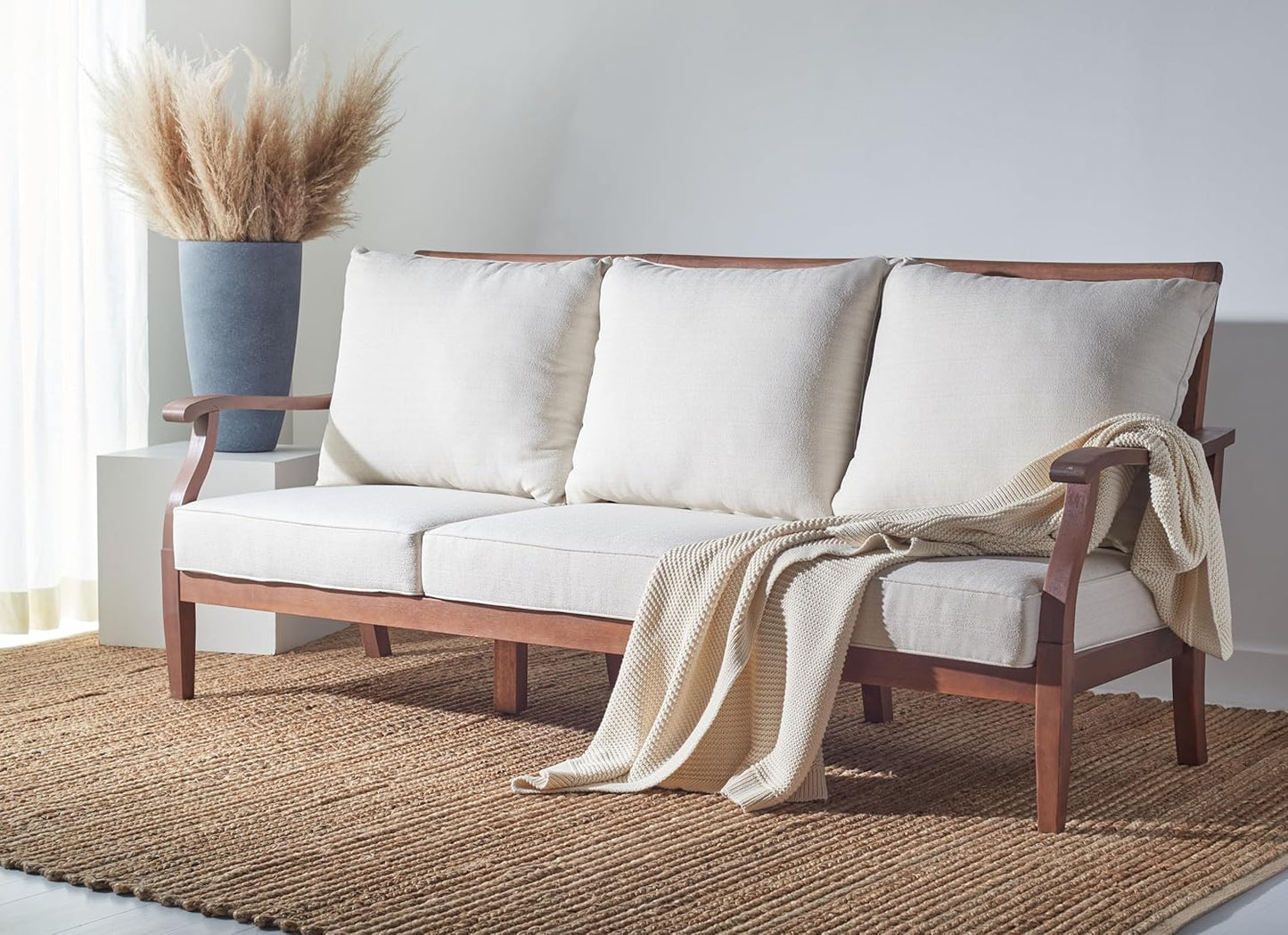 SAFAVIEH Couture Home Collection Payden Natural Wood/Beige Cushion 3-Seat Outdoor Patio Sunroom Porch Backyard Veranda Sofa