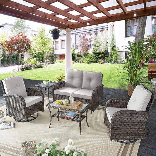 5 Piece Outdoor Patio Furniture Set with Deep Seating Swivel Rocker Chairs Loveseat and Rattan Coffee Table Outdoor Conversation Sets for Deck Backyard Poolside, Beige