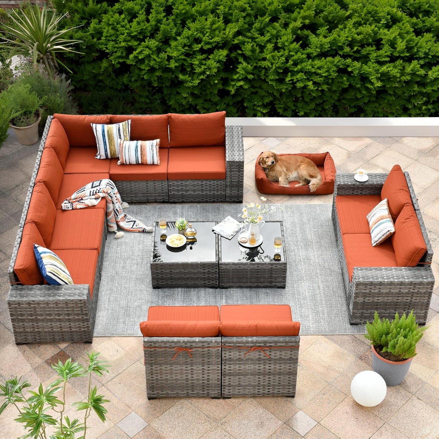 ovios 12 Pieces Patio Furniture Set, Outdoor Wicker Sectional Sofa with Glass Table Comfy Cushions, Modern Modular Deep Seat Couch Rattan Conversation Set, Orange Red