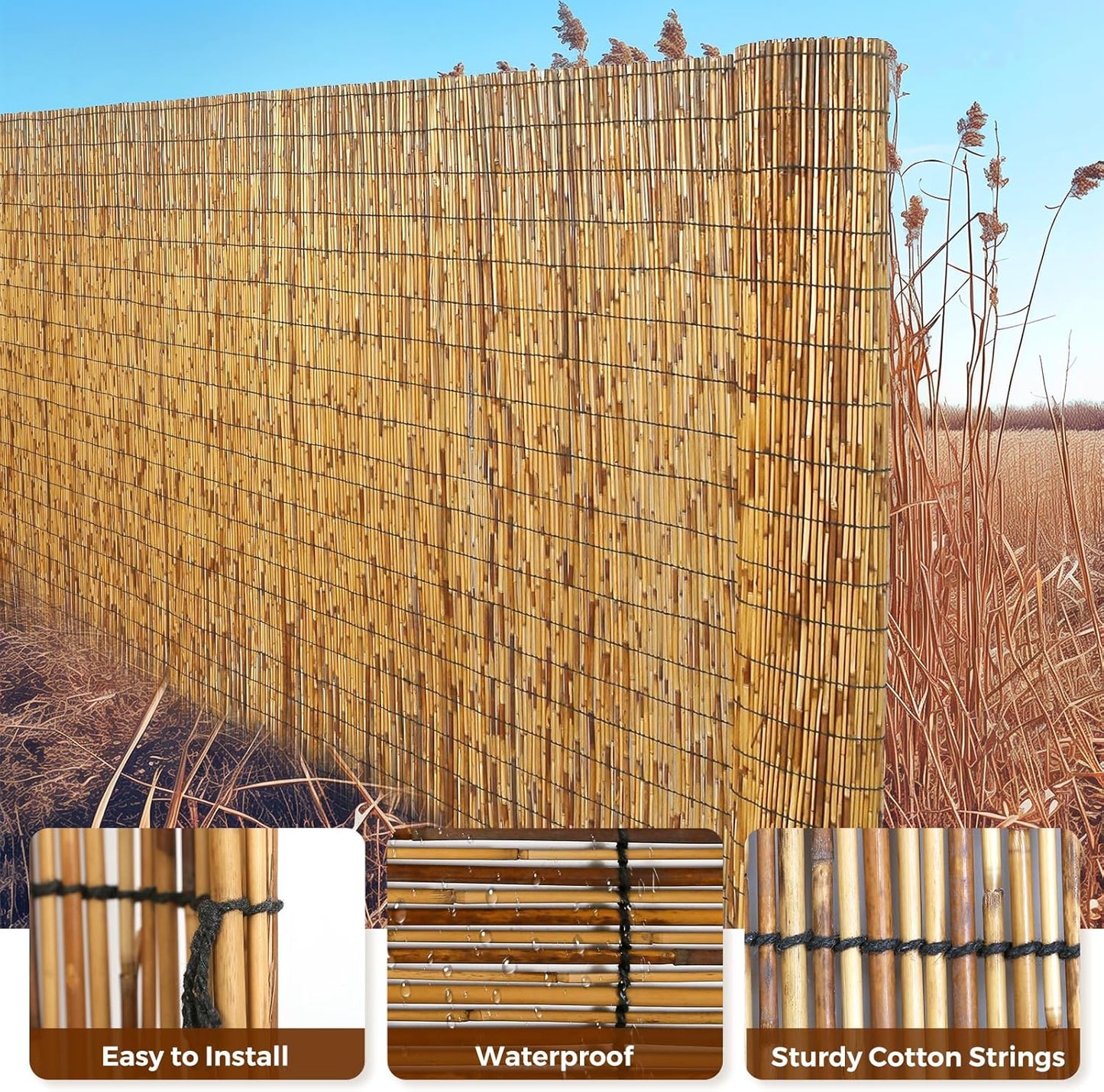 Natural Reed Fencing, Eco-Friendly Reed Fence, 4 feet High x 16.44 feet Long, Reed Screen for Backyard Patio Garden and More,Brown