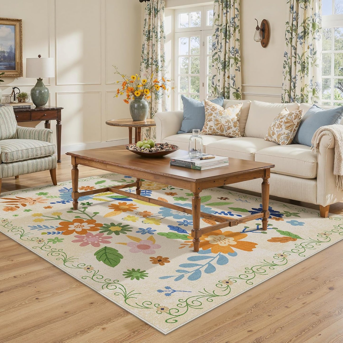 GENIMO Indoor Outdoor Area Rug 8' X 10' Waterproof, Washable Door Mat Non Shedding, Easy Cleaning Floral Outdoor Carpet for Patio, Entryway, Porch, Bathroom, Living Room, Bedroom, Backyard