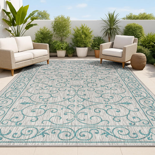 JONATHAN Y SMB106E-4 Charleston Vintage Filigree Textured Weave Indoor Outdoor Rug LivingRoom Backyard,4 X 6,Gray/Teal