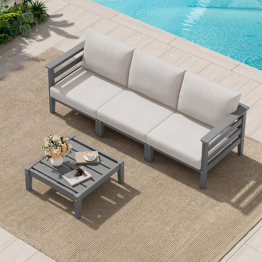 SERWALL HDPE Patio Furniture Set 4 Pieces, All-Weather Wood-Like Outdoor Sofa Couch with Coffee Table for Deck, Lawn, Grey Frame with Khaki Cushion