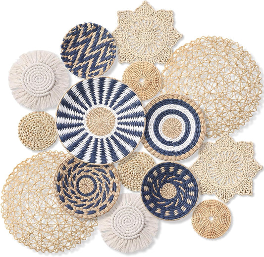 15 Pcs Boho Wall Basket Decor Woven Rattan Seagrass Wall Decor Hanging Rustic Farmhouse Western Art Decoration for Nursery Living Room Bedroom Home Kitchen(Blue Style)