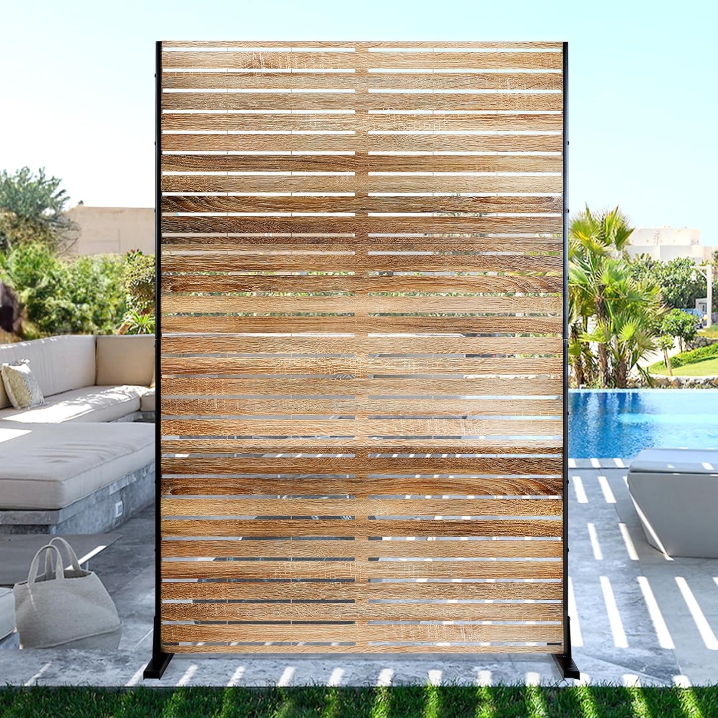 FENCY Outdoor Privacy Screen, 72" H×47" W Metal Patio Privacy Screen, Freestanding Decorative for Deck Balcony Patio Natural Wood Color
