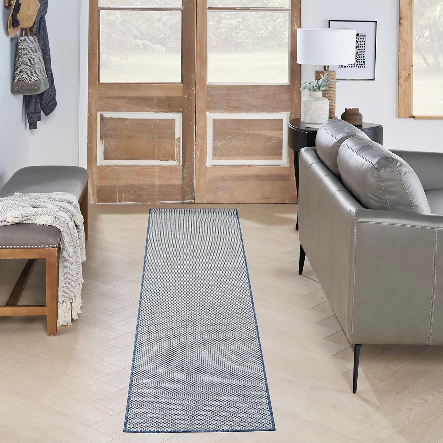 Nourison Home Courtyard Ivory Blue 2' x 6' Area Rug Easy Clean, Non Shedding, Bed Room, Living Room, Dining Room, Kitchen (6' Runner)