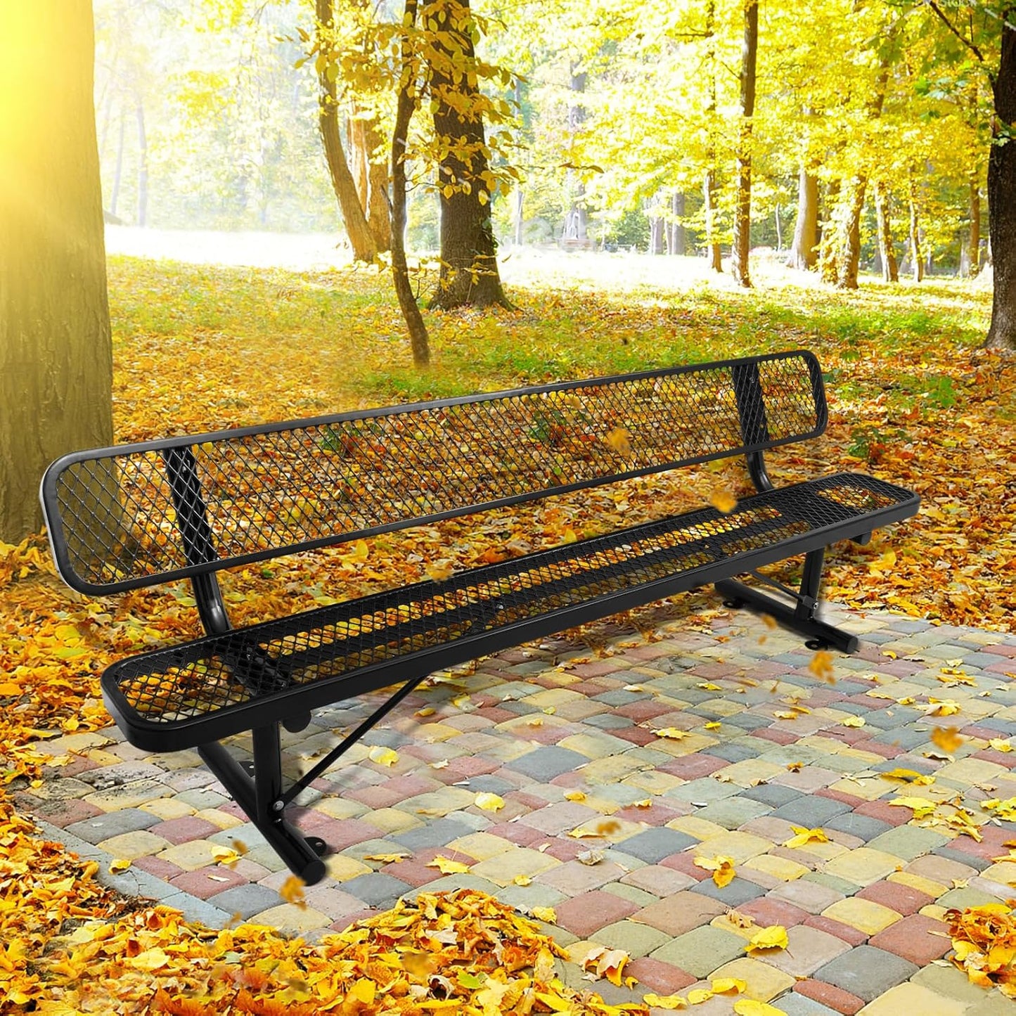 Outdoor Garden Bench, Cast Iron Metal Frame Patio Park Bench with Backrest, Portable Expanded Metal Black Bench, Commercial-Grade Outdoor Seating for Lawn, Patio, Park, Yard, Garden (Black, 8FT/96'')