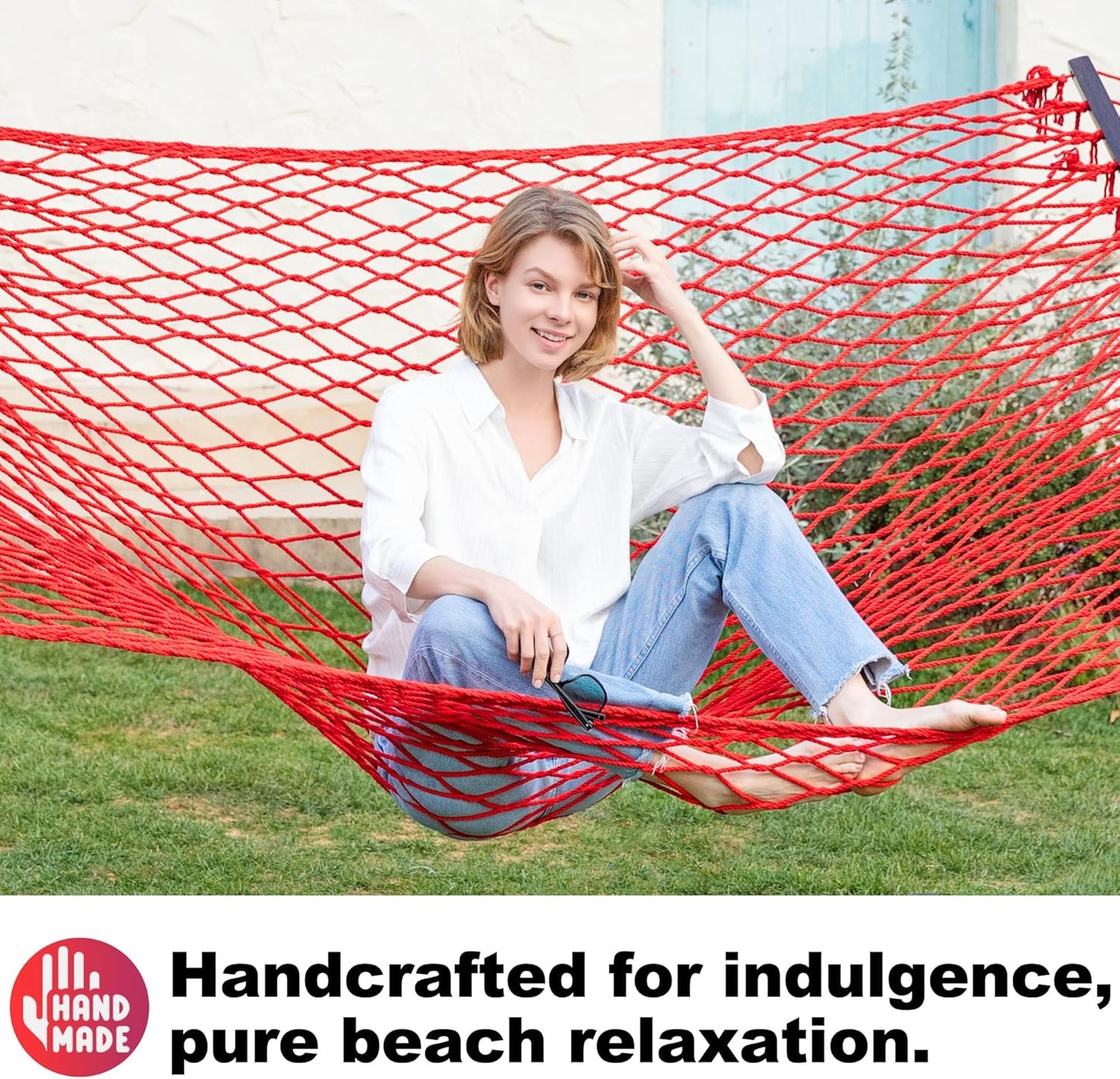12ft Double Hammocks, Handwoven Traditional Cotton Rope Hammock with Hardwood Spreader Bar, Chains and Hooks for Indoor Outdoor, Max 450 lbs Capacity (Cherry, Full)