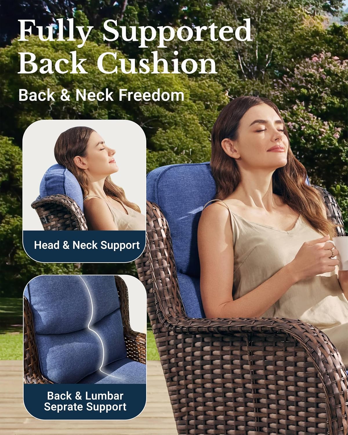 HILLGA Luxury Patio Furniture Set with 6-inch Thick Cushion, Outdoor Sectional Sofa and High Back Swivel Rocker Patio Chairs, 7PCS Wicker Conversation Set for Deck Yard and Pool, Blue (V2)