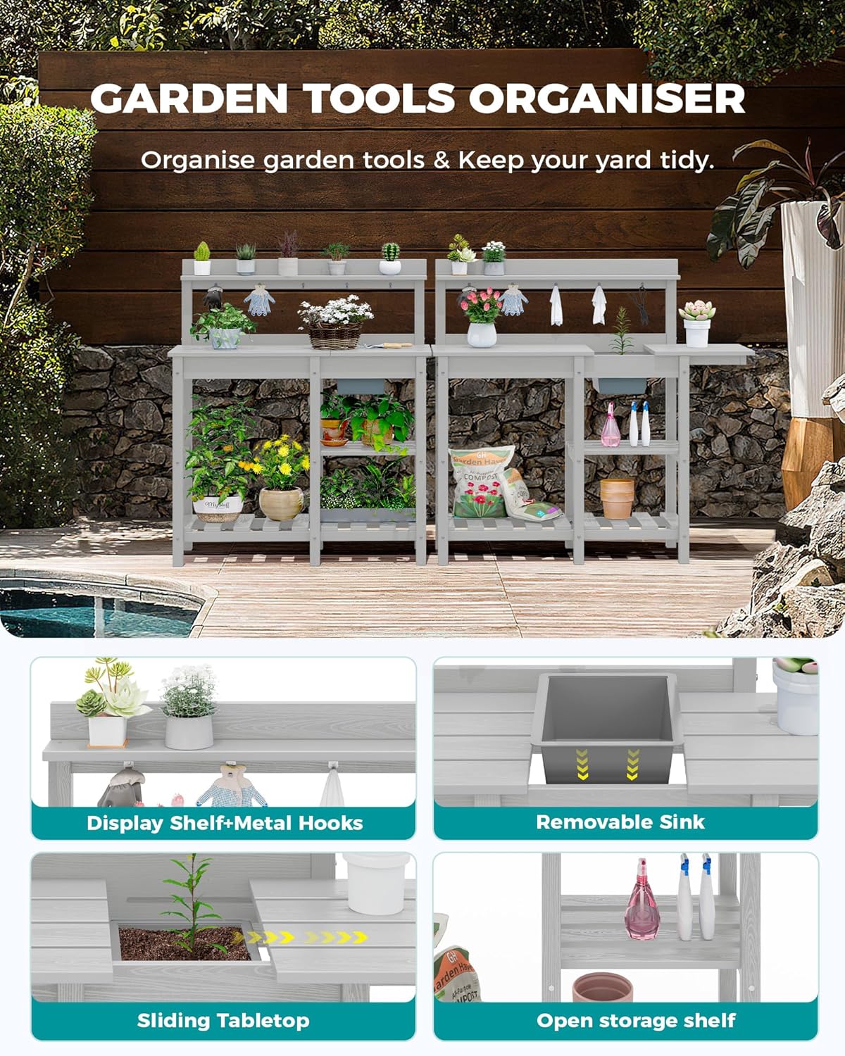 SERWALL Potting Bench Outdoor Potting Table with Sink, HDPE Potting Benches for Outside Gardening Table All Weather Use- Spanish Gray