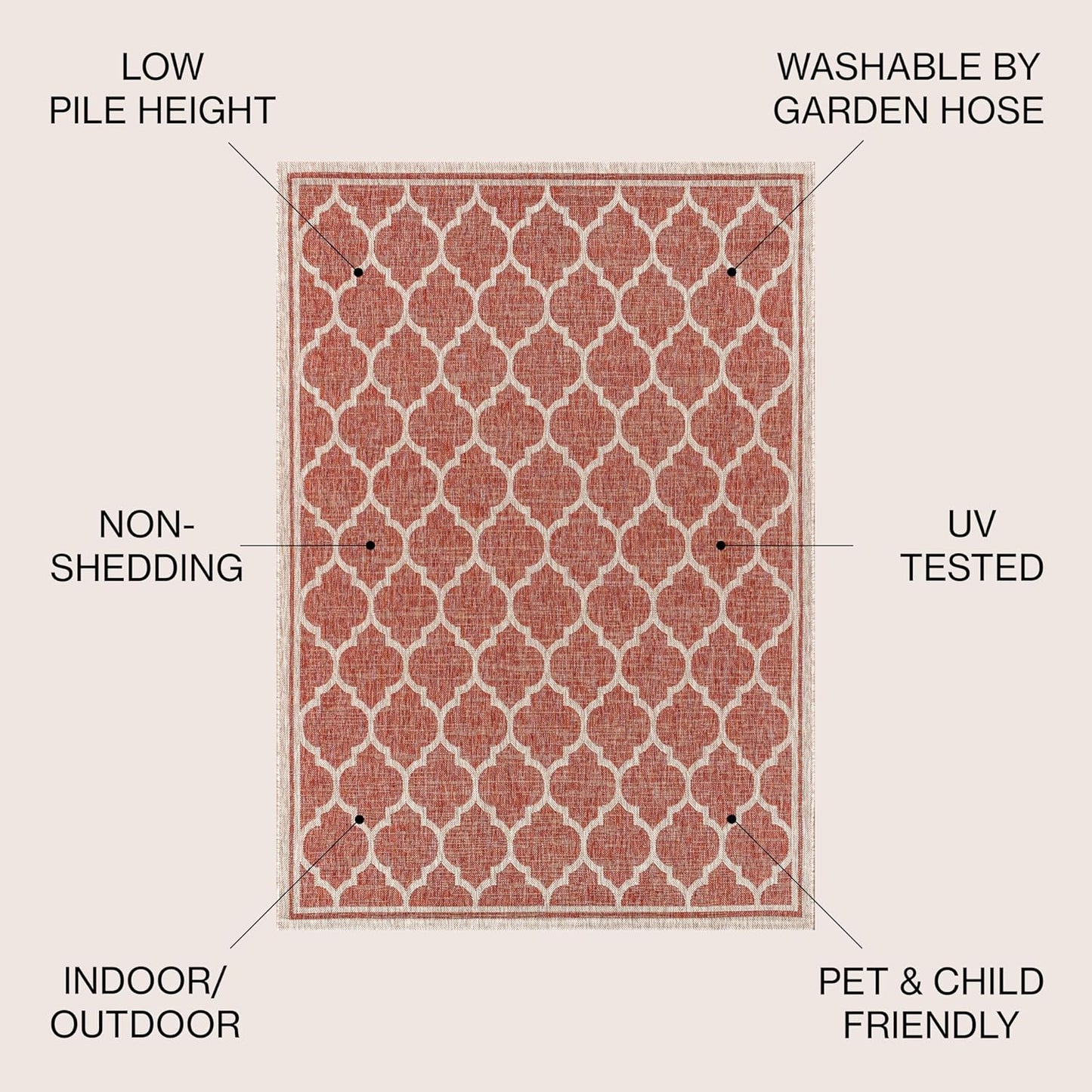 Eyely BMS109C-4SQ Santa Monica Trebol Moroccan Trellis Textured Weave, Pet Friendly, Non-Shedding, Stain Resistant, Easy-Cleaning, Red/Beige, 4' Square, Indoor/Outdoor, Area Rug