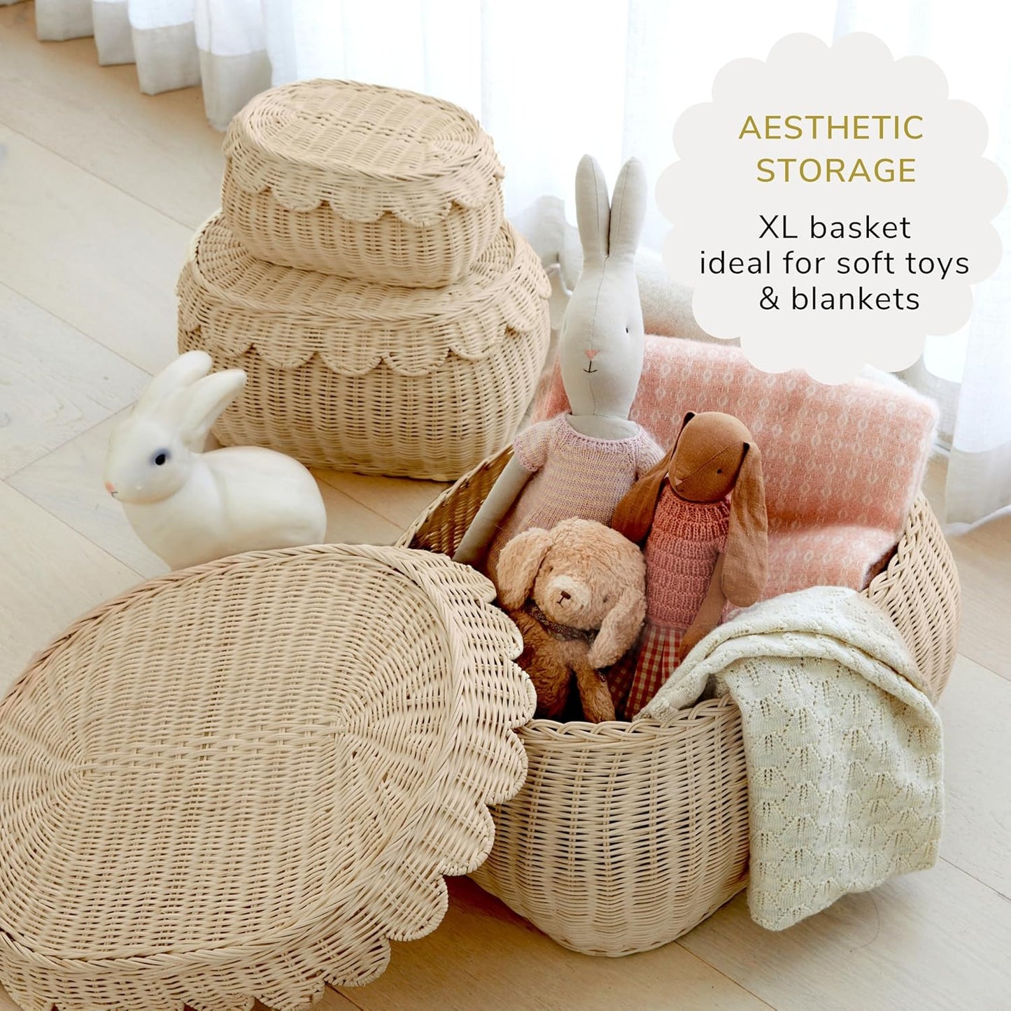 BEBE BASK Large Scalloped Basket Set Of 3 - Hand-Woven & Award-Winning Scallop Basket - XL - Extra Large for Blankets 22 x 16 x 10 In - Elegant Wicker With Scalloped Edge Lid (Natural)