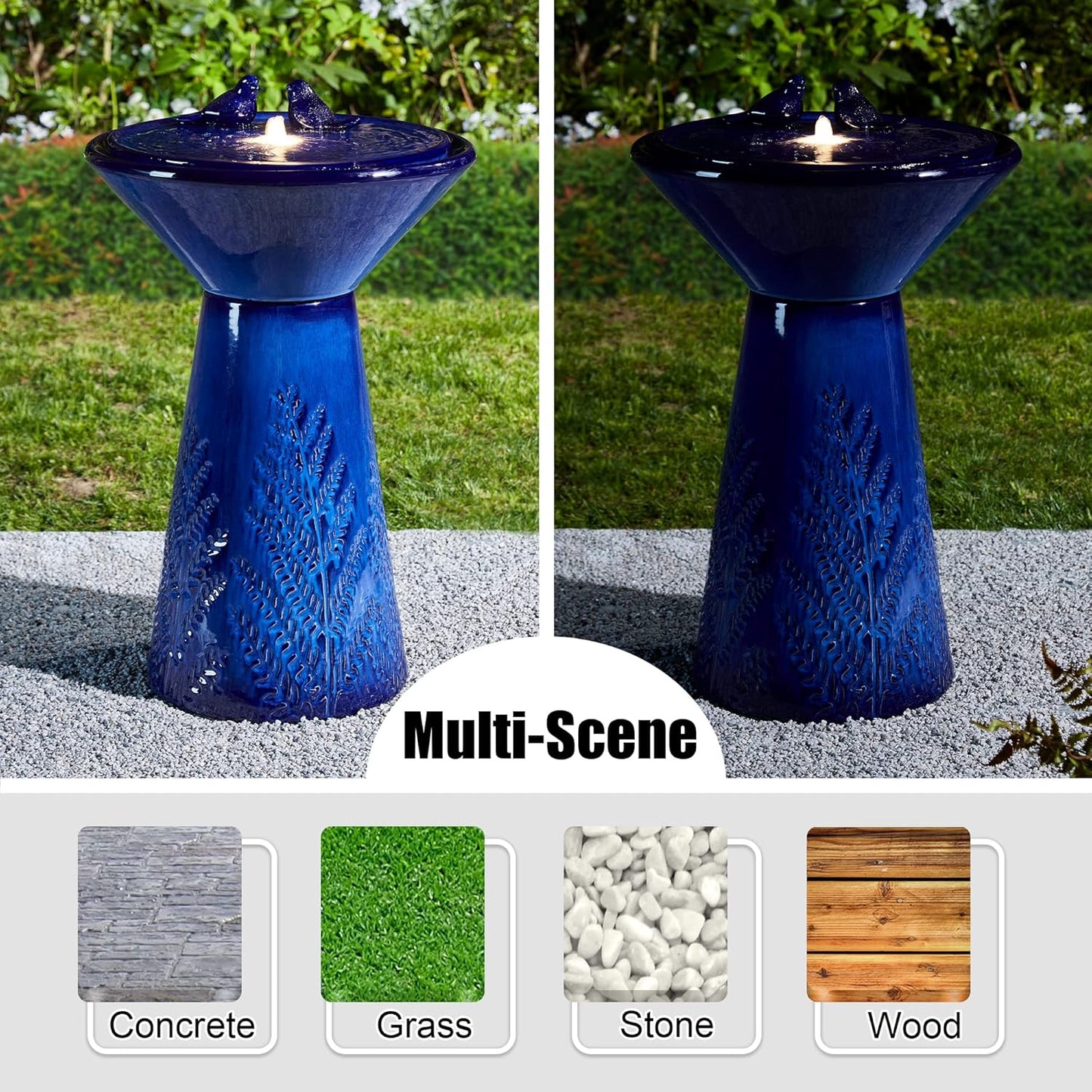 Glitzhome 27.5"H Outdoor Garden Water Fountain with LED Lights and Pump, Cobalt Blue Two Birds Embossed Plant Pattern Pedestal Ceramic Floor-Standing Fountain for Porch Deck Patio Backyard Decoration
