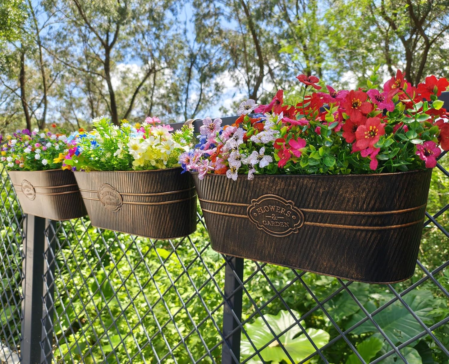 3 Pcs Large Balcony Planters Railing Hanging Flower Pots- 16.2 Inch Metal Railing Planter Box Fence Planters for Outdoor Plants with Detachable Hooks and Drain Holes for Garden Decor (Retro-3pcs)
