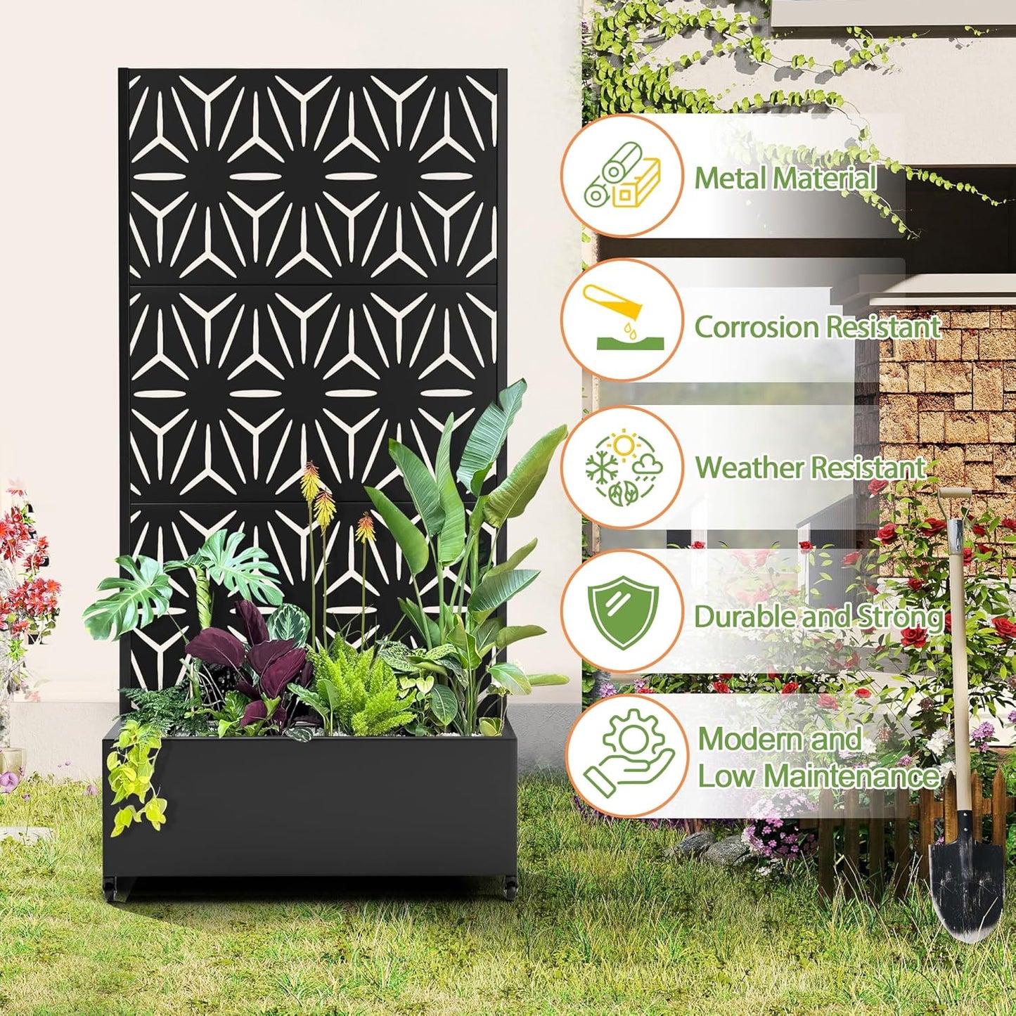 Raised Garden Bed with Trellis and Wheels,73"x35"x16" Metal Raised Garden Bed,Black Star Metal Planter with Climbing Trellis for Vines & Vegetables