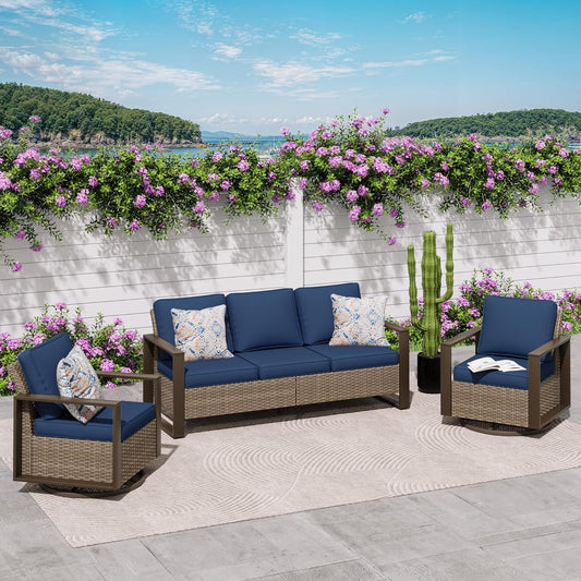 Wicker Patio 75" Sofa Set with 2 Swivel Chairs, All Weather Rattan Outdoor Conversation Furniture Set with Wood-Looking Metal Armrest & Removable Cushions for Backyard Porch, Dark Blue