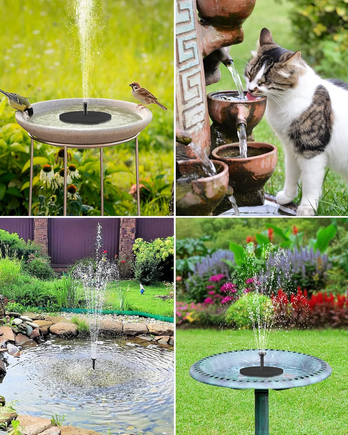 POPOSOAP Modern Black Solar Bird Bath Fountain Pump, 6W, 60GPH, 5 Nozzles, 9.84ft Cable, 4ft Tubing