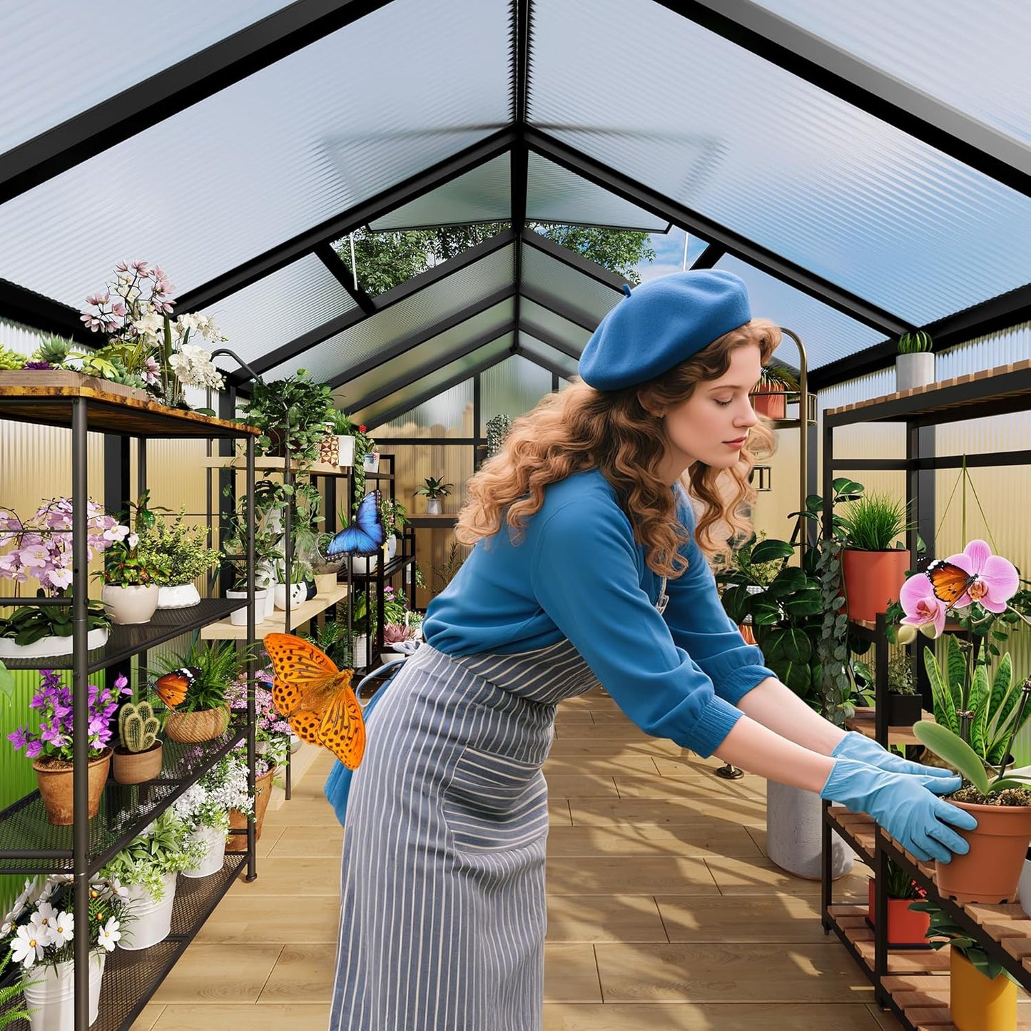 6x10 FT Greenhouse, Easy Assembly Aluminum Polycarbonate Greenhouses for Outdoors with Roof Vent and Ground Nails, Heavy Duty Aluminum Walk-in Greenhouse for Backyard, Sliding Lockable Door, Black