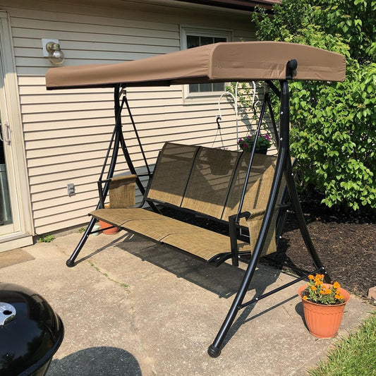 PURPLE LEAF 3-Seat Deluxe Outdoor Patio Porch Swing with Weather Resistant Steel Frame, Adjustable Tilt Canopy, Beige