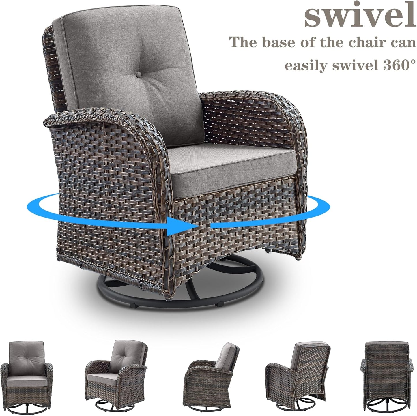 Small Conversation Sets Patio Funiture - 5 Piece Outdoor Swivel Rocker Wicker Furniture Sets with Ottomans Side Table Perfect for Patio Deck Backyard, Brown Wicker Grey Cushion