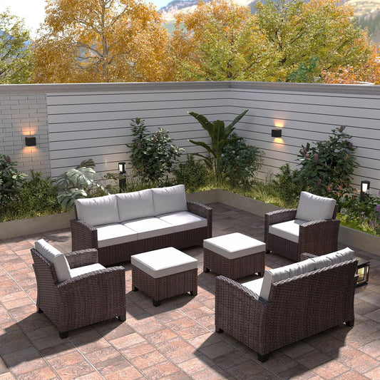 Outdoor Patio Sectional Sofa Set, 6-Piece Rattan Furniture, Patio Conversation Sets with Ottomans, Seats 7, Light Grey