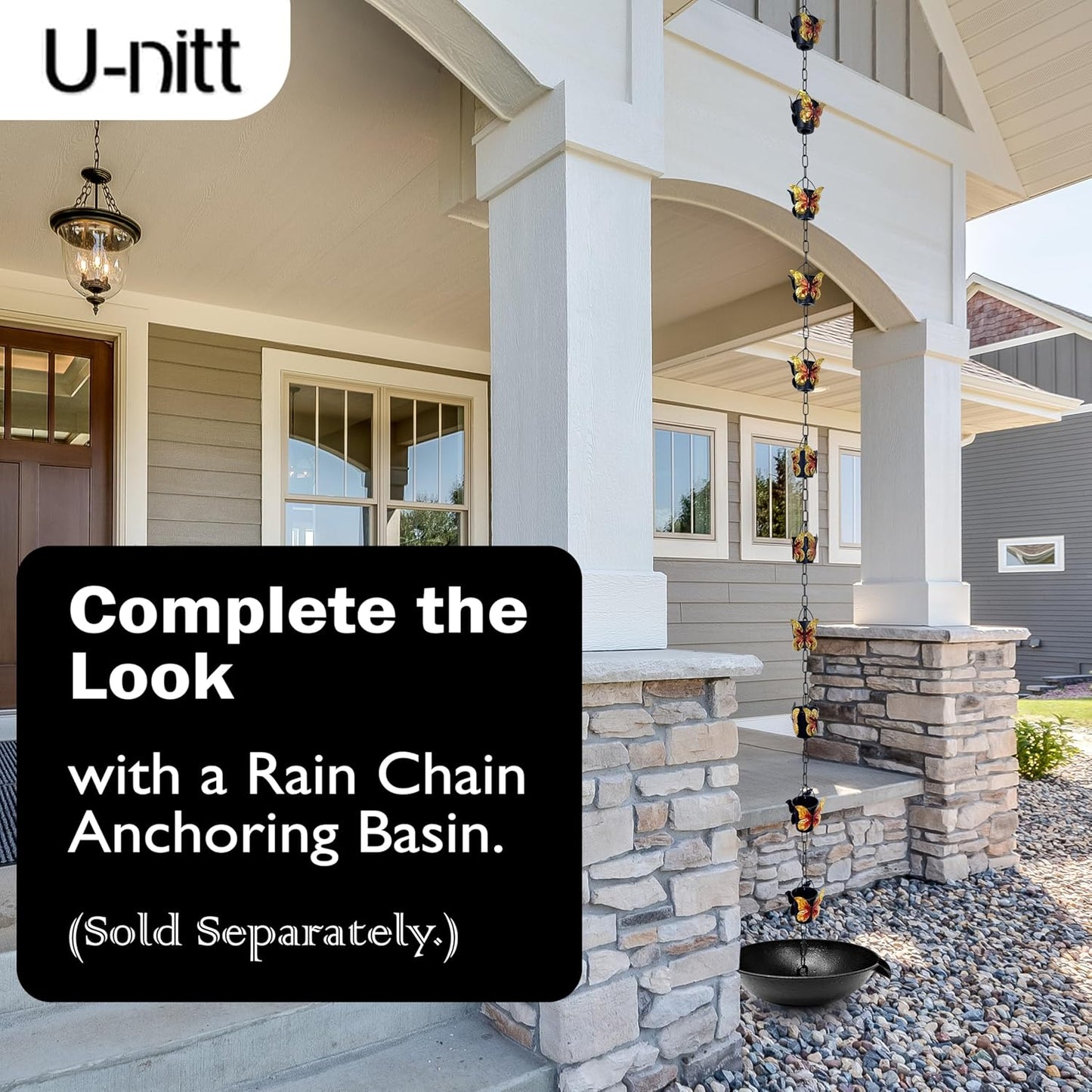 Rain Chain Water Collection for Gutters, Rainwater Catcher & Diverter, 8.5 FT Chains for Outside Garden, Butterfly Bucket Cups, Roof Downspout, Works with Heavy Rain, w/ Gutter Clip for Rainchains