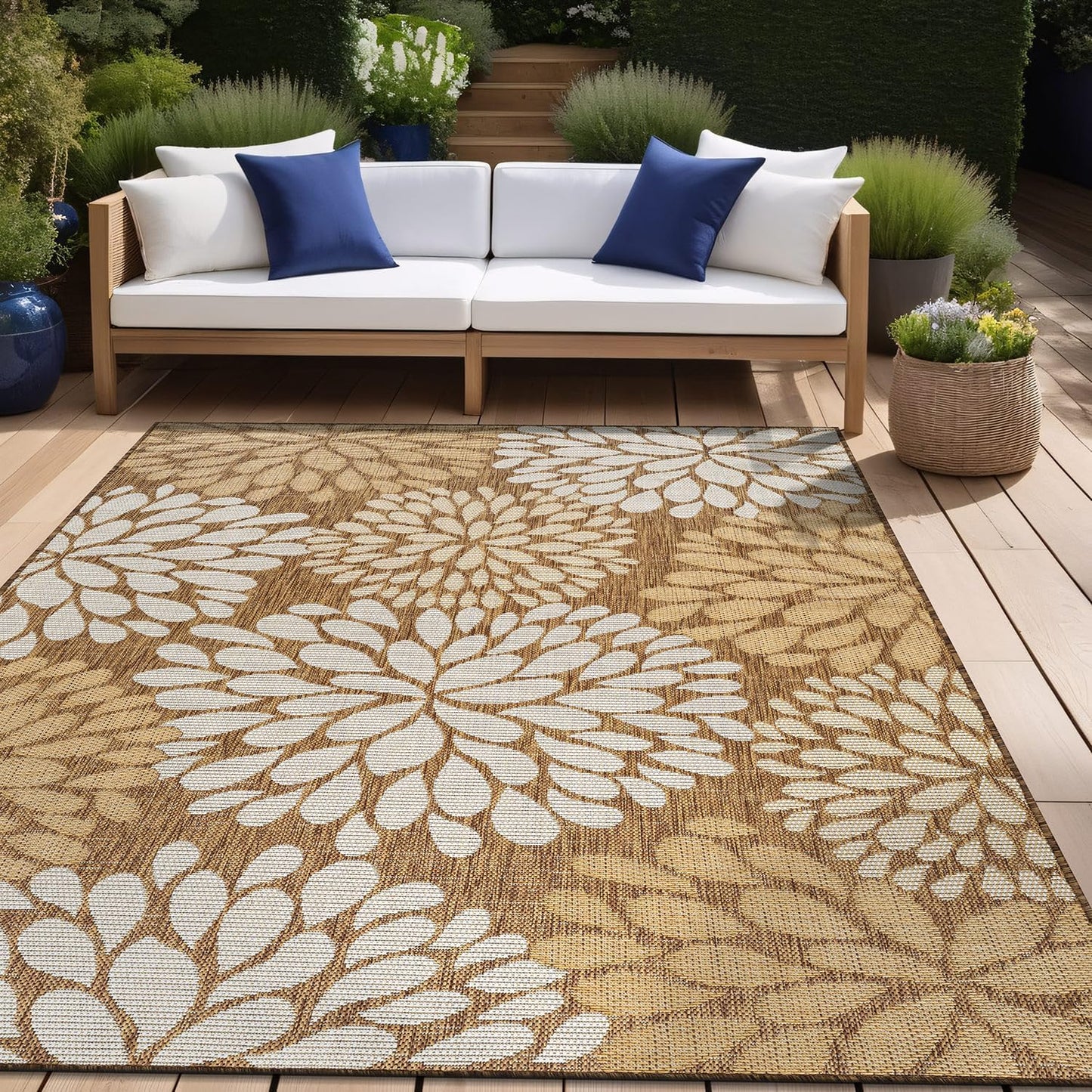 Beverly Rug Outdoor Rug 6x9 Modern Exotic Tropical Leaf Area Rugs for Indoor and Outdoor Patio Deck Porch Garden Water Resistant Washable Outside Carpet (6 x 9 Wooden)