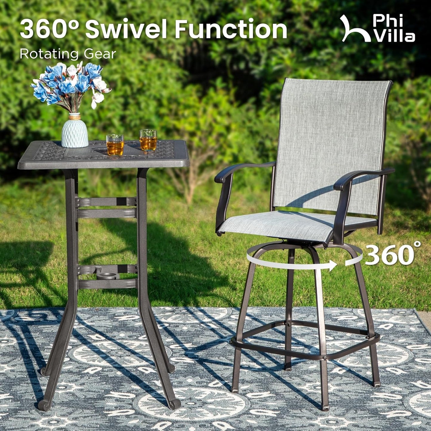 PHI VILLA Outdoor Swivel Patio Bar Stools Set of 4, 30 Inch Bar Height Tall Patio Chairs with Back & Armrest, Durable Textilene Fabric in Grey for Deck Lawn Garden