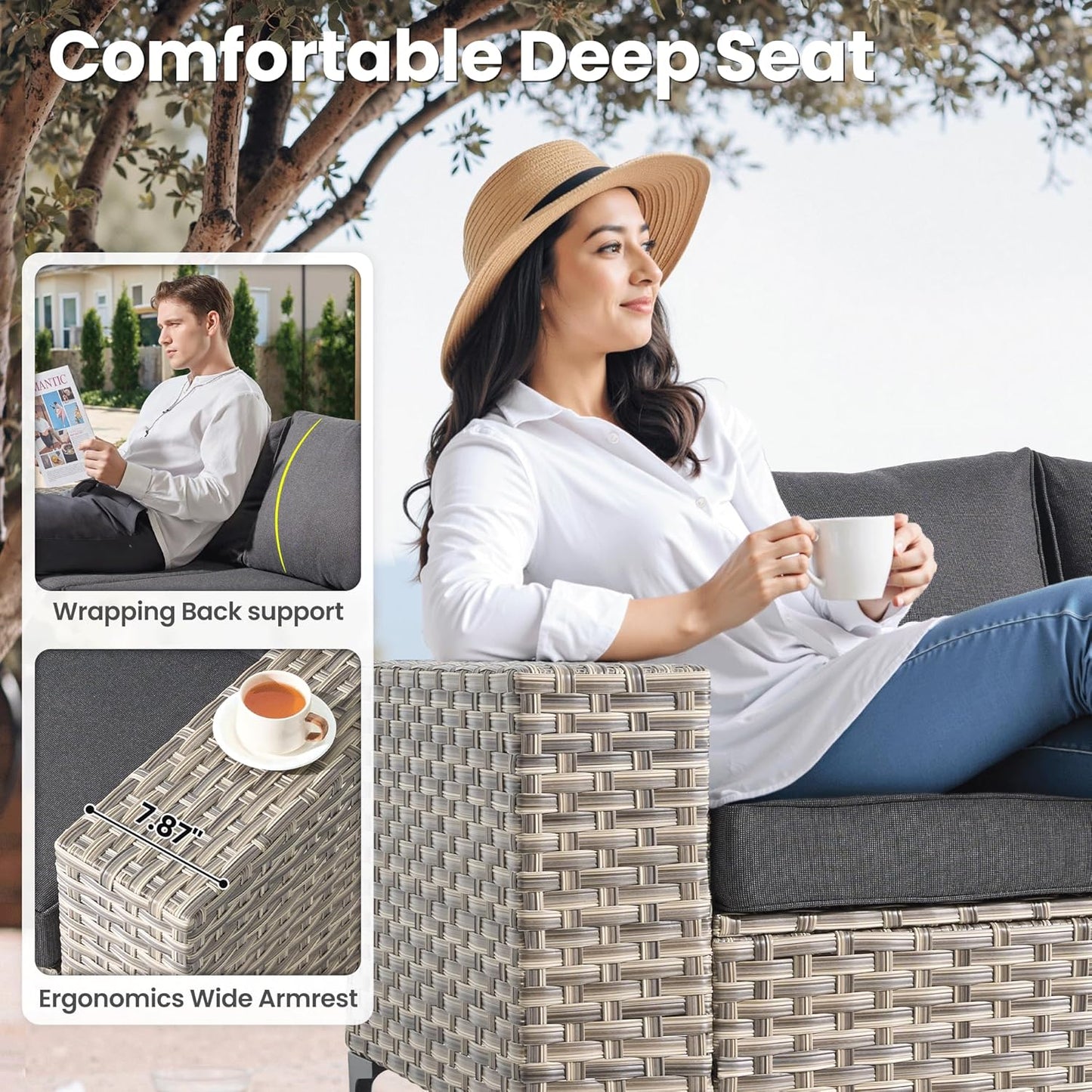 ovios 8 Pieces Patio Furniture Set Outdoor Sectional Sofa Couch with Rocking Swivel Chairs Deep Seat Chaise Comfy Cushions, Modern Modular Wicker Rattan Conversation Set, Black