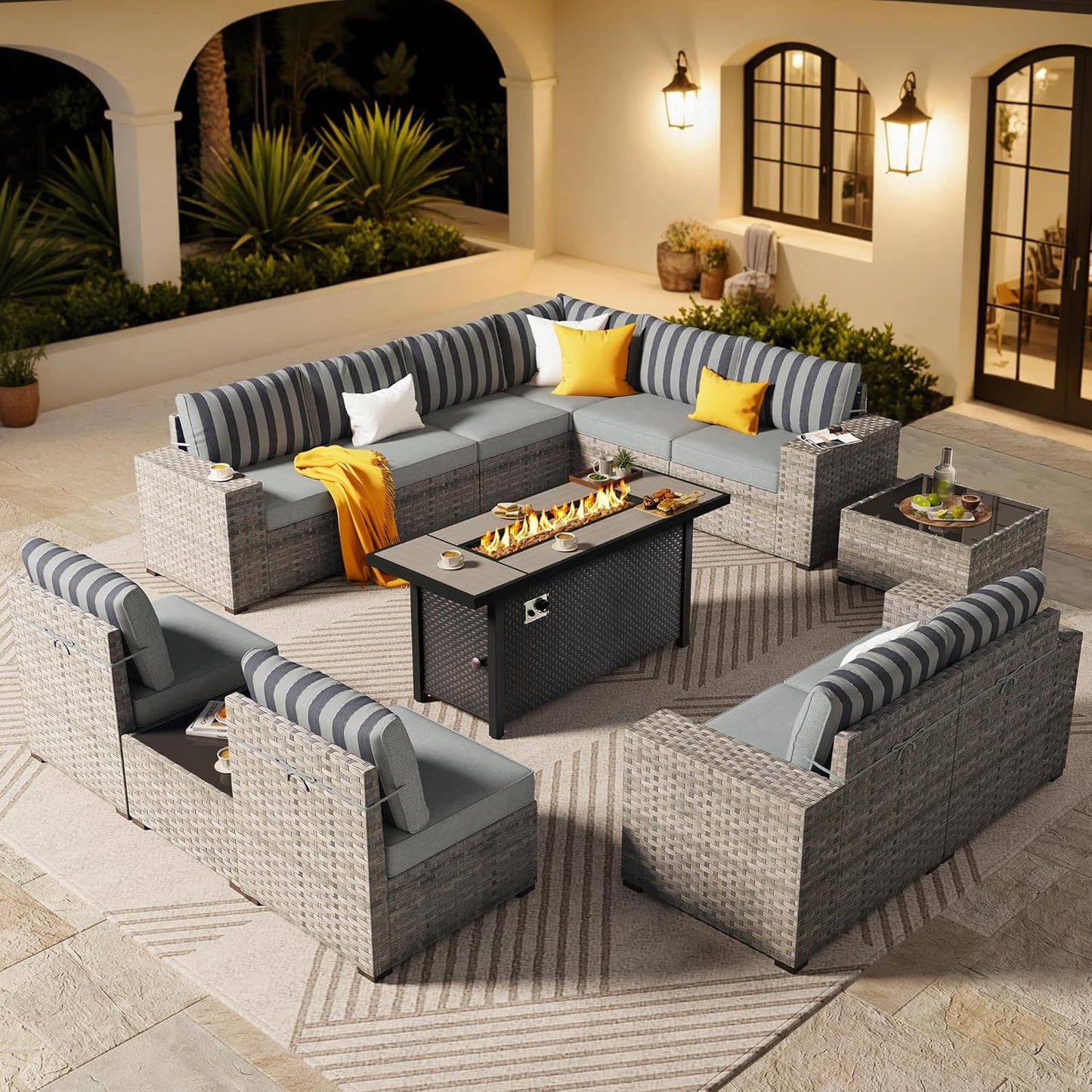 ovios 13 Pieces Patio Furniture Set, Outdoor Wicker Sectional Sofa with 54 Inch Fire Pit Table Comfy Cushions, Modern Modular Deep Seat Rattan Couch Conversation Set, Dark Gray Stripe
