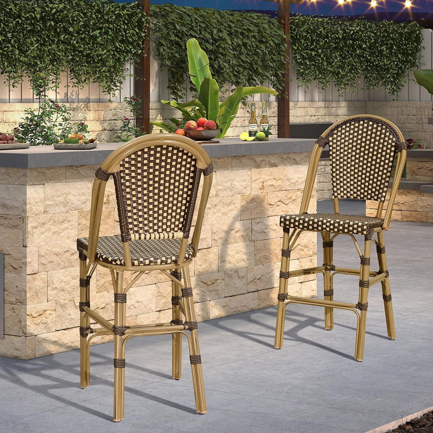 PURPLE LEAF French Bar Stool Set of 4 Bamboo Print Finish Patio Bar Stools with Back Rattan Chairs Wicker Bar Height Stool 30" with Footrest Kitchen Island Stools Outdoor Barstool Brown