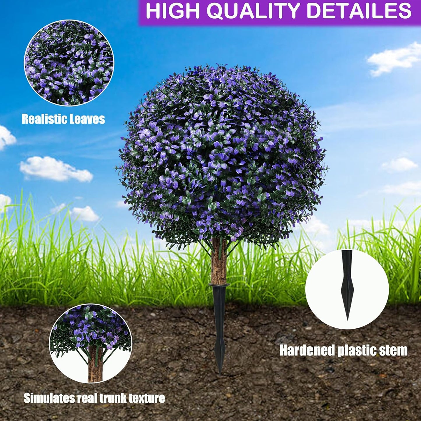 Set of 2 Artificial Boxwood Topiary Ball Trees Outdoor Faux Shrubs Artificial Boxwood Plants with Ground Spike, 24" Lavender Fake Evergreen Tree UV Resistant for Planter,Potted,Fall