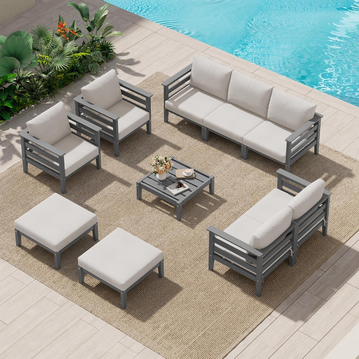 SERWALL HDPE Patio Furniture Set, 10 Pieces Outdoor Sectional Sofa Set, All-Weather Wood-Like Outdoor Sofa Couch with Coffee Table for Deck, Lawn, Grey Frame with Khaki Cushion