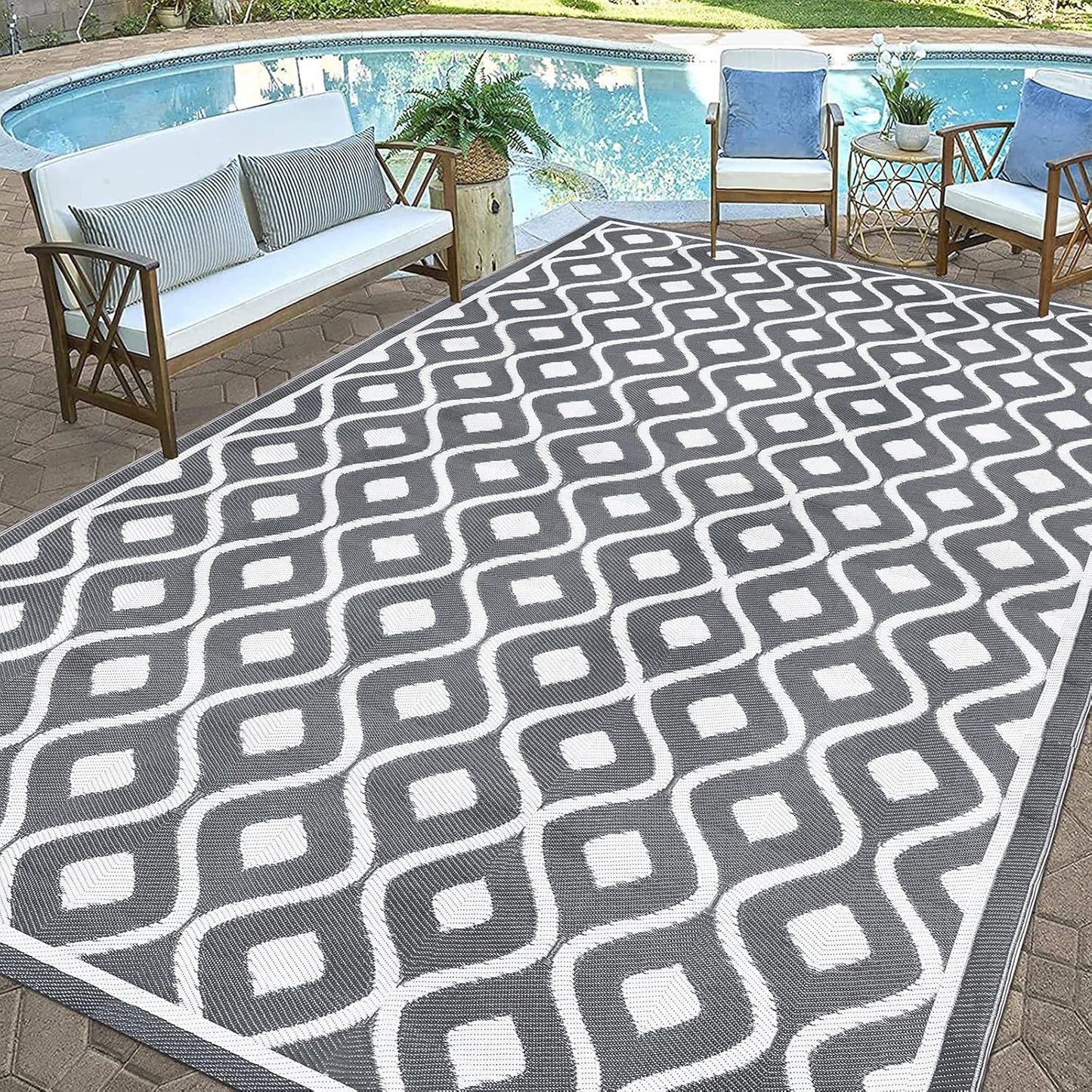 Pauwer Waterproof Outdoor Rug 8x10, Reversible Plastic Straw Patio Camping Rug, Indoor Outdoor RV Mat Carpet for Deck, Camper, Porch, Balcony, Backyard, Picnic, Geometric Grey