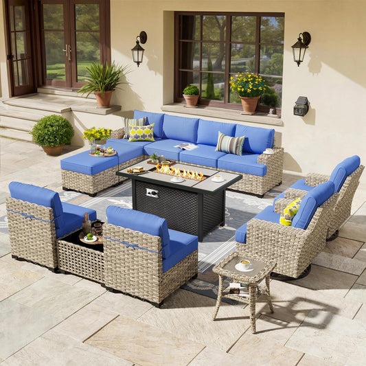 HOOOWOOO Outdoor Sectional Patio Furniture Set with Fire Pit Table,13 Pieces Wicker Conversation Sets L Shaped Couch,Extra Deep Out Door Sofa Outside Furniture with Swivel Chairs Ottomans,Navy Blue