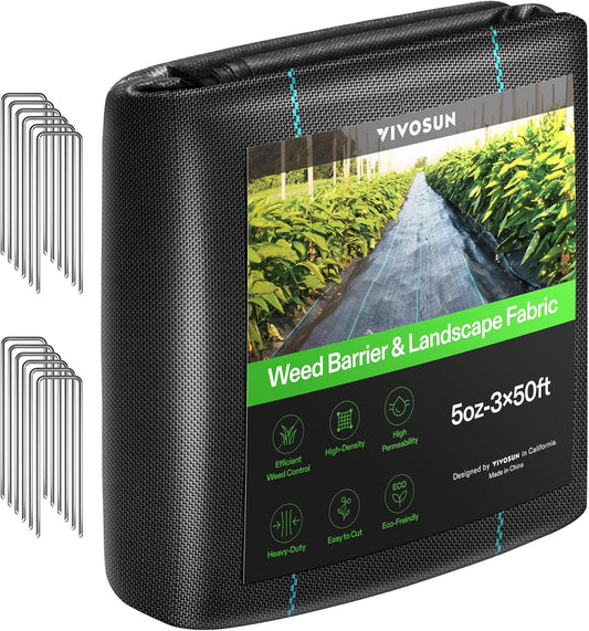VIVOSUN Premium Weed Barrier Landscape Fabric Heavy Duty, 3ftx50ft 5oz Double-Layered Weed Control Mat with High Permeability with 12 Landscape Staples, Easy Set up & Superior Weed Control