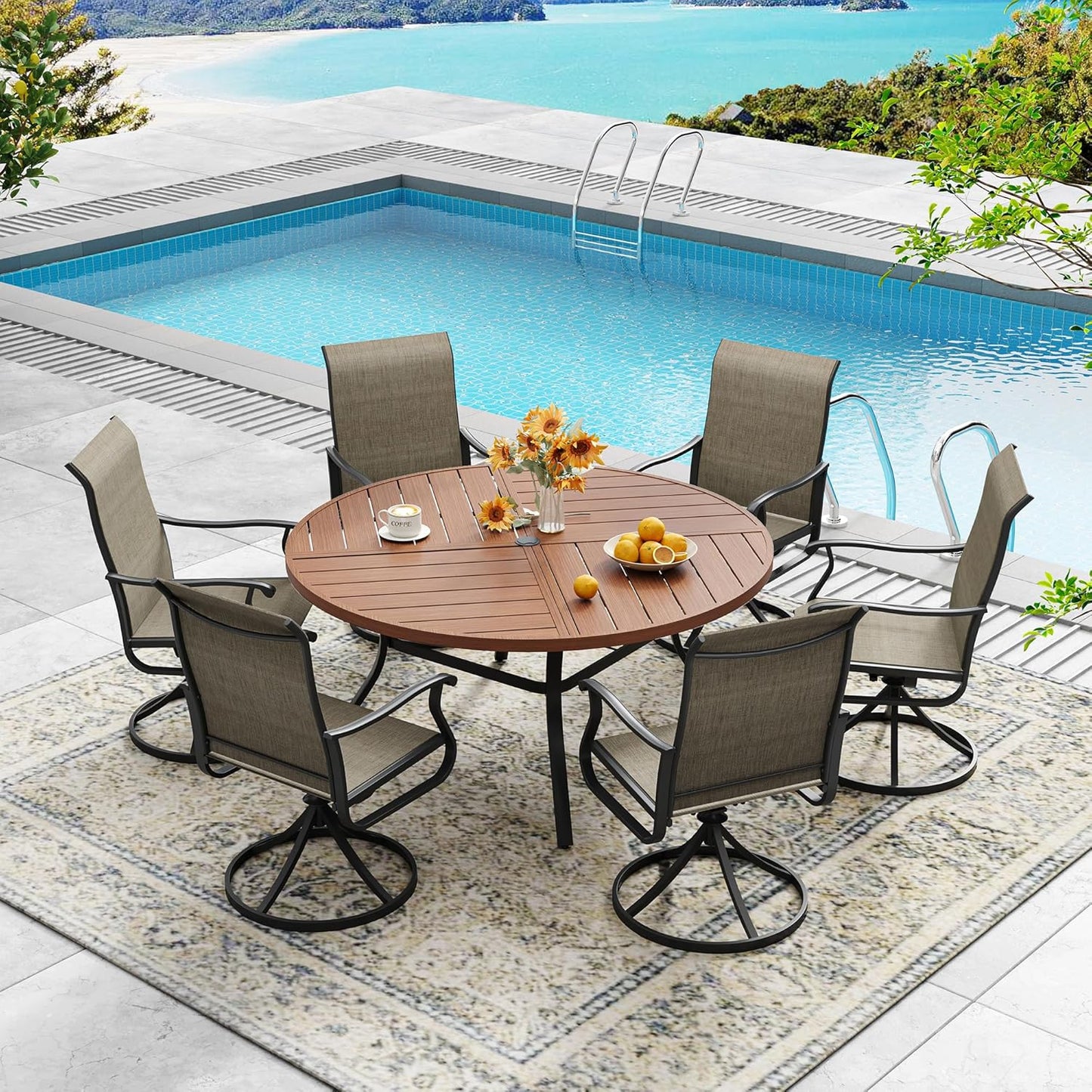 DIFY 50" Round Outdoor Patio Dining Table for 6, All-Weather Metal Steel Slatted Patio Table with 1.57" Adjustable Umbrella Hole, for Lawn Garden Porch Backyard, Walnut