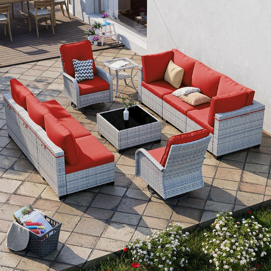 10-Piece Patio Furniture Set, Outdoor Patio Furniture with Swivel Chairs Set, Thick Cushions, Modular Patio Sofa, Dual-Strand Wicker Rattan, Rust-Resistant Frame, Dark Red