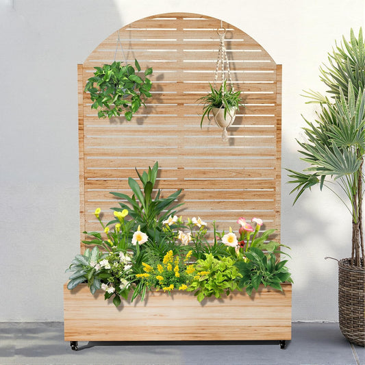 FENCY Metal Raised Garden Bed with Wheels and Trellis,Arched 73"x47"x16" Planter Box for Climbing Plants, Vegetables & Vines, Features Privacy Screen and Drainage Holes (Acacia Wood Finish)