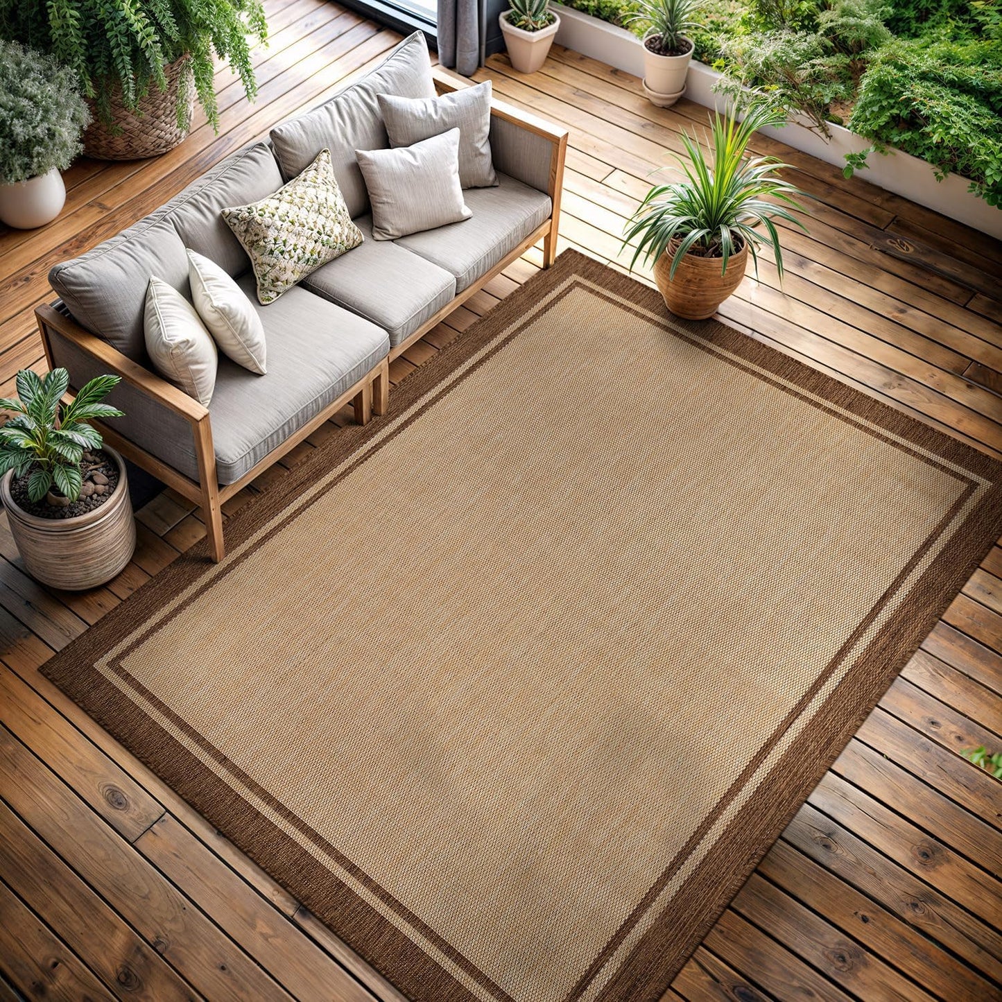 CAMILSON Outdoor Rug 5x7 Bordered Natural Brown Modern Area Rugs for Indoor and Outdoor Patios, Kitchen and Hallway Mats, Washable Porch Deck Outside Carpet (Border Jute, 5 x 7)