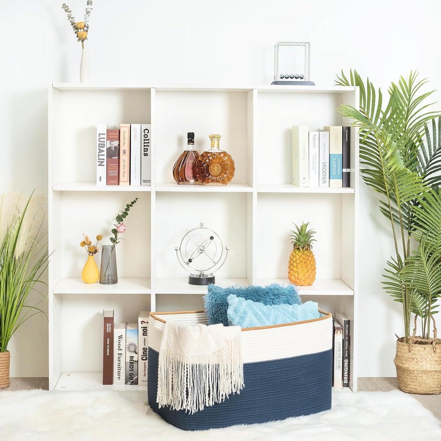 MINTWOOD Design 22in Extra Large Blanket Basket Holder Living Room, Rectangle Rope Woven Storage Basket with Handles for Laundry, Pool Towels, and Shoes, Dog Toy Organizer Bin Box, Prussian Blue