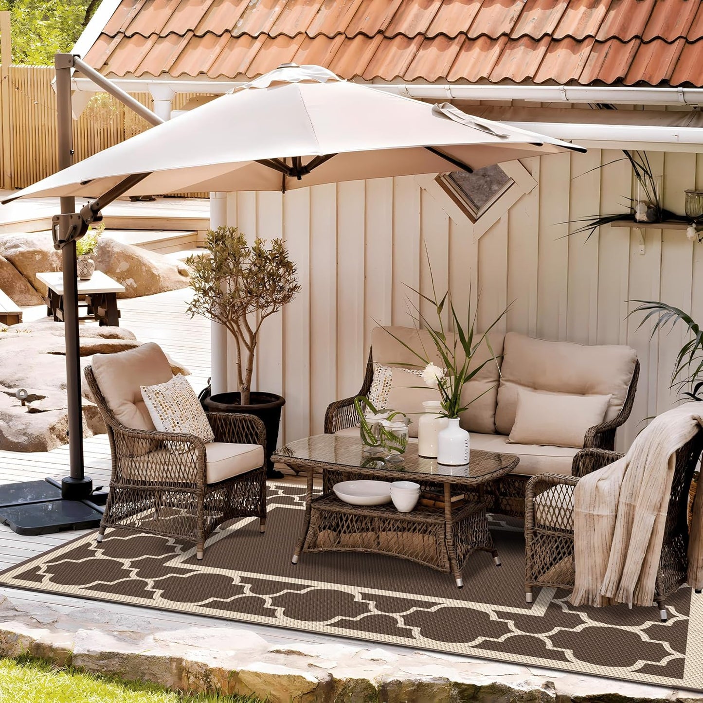 GENIMO 5' x 8' Outdoor Rug Waterproof for Patio Decor, Foldable Reversible Plastic Straw Area Rugs Mat for Camper, Outside Carpet for Rv, Deck, Porch, Picnic, Beach, Balcony, Coffee & Beige