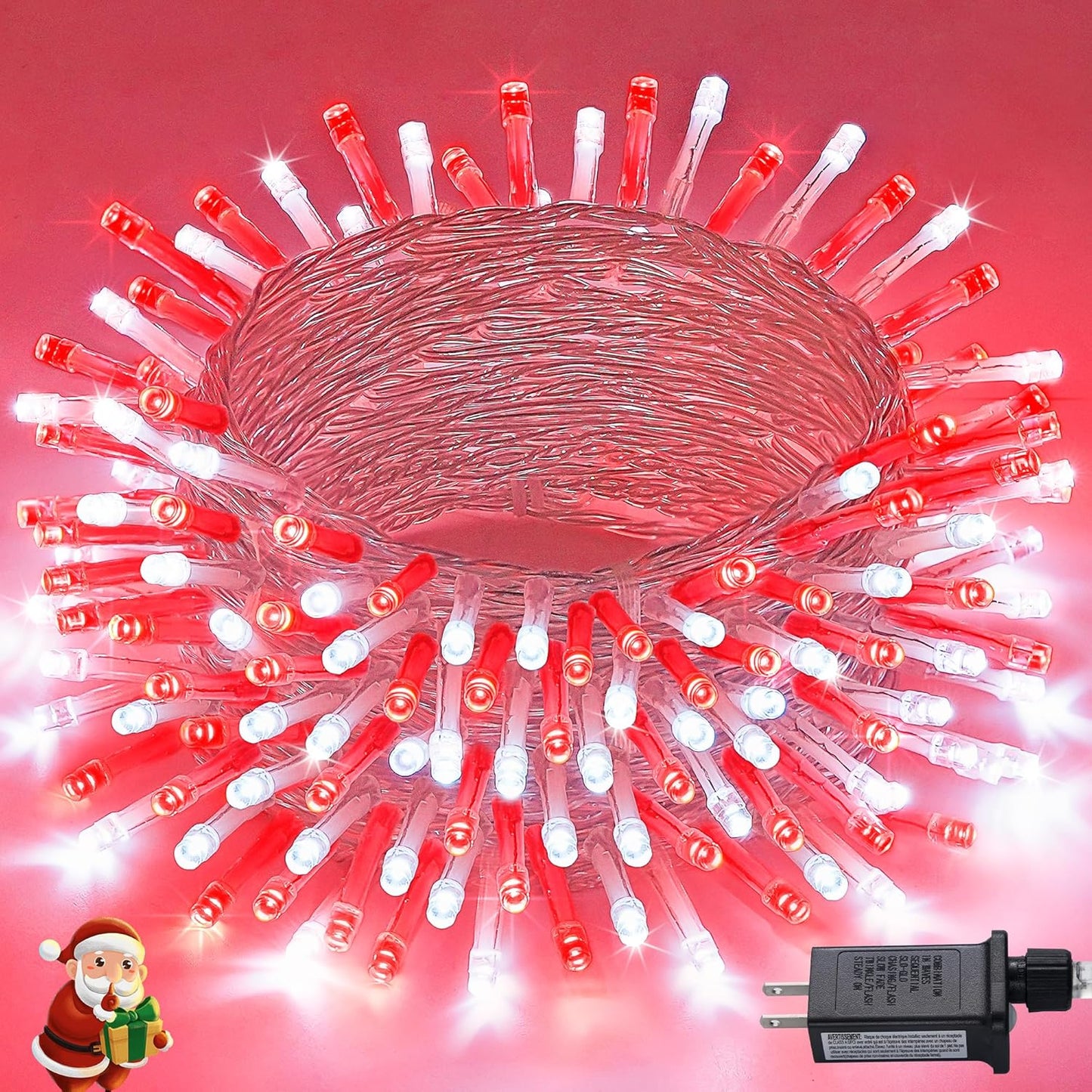 JMEXSUSS Connectable Red and White Christmas Lights, 8 Modes 100 LED Twinkle String Lights Indoor, Clear Wire Plug-in Christmas String Lights Outdoor Waterproof